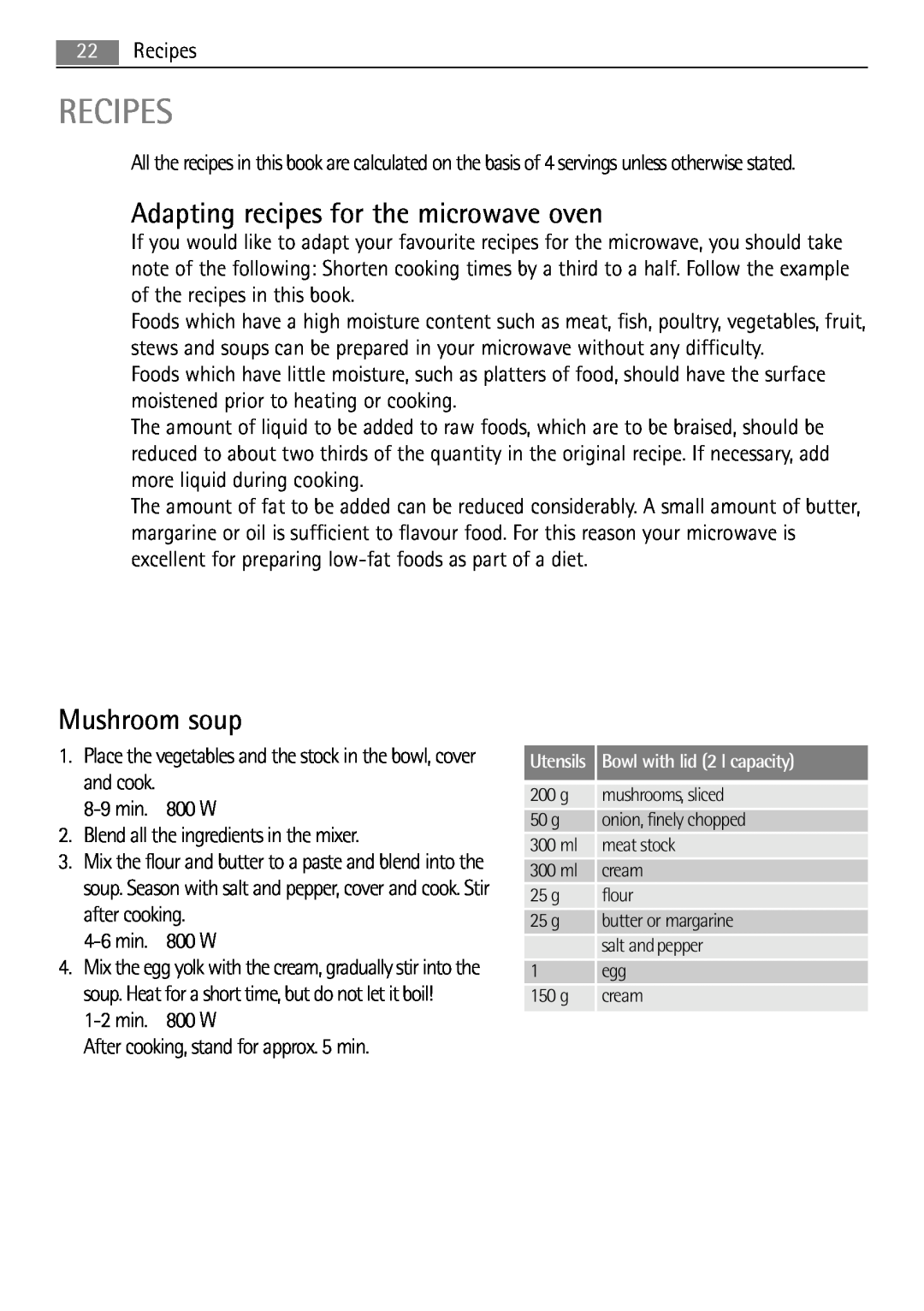 AEG MC1763E, MC1753E user manual Recipes, Adapting recipes for the microwave oven, Mushroom soup 