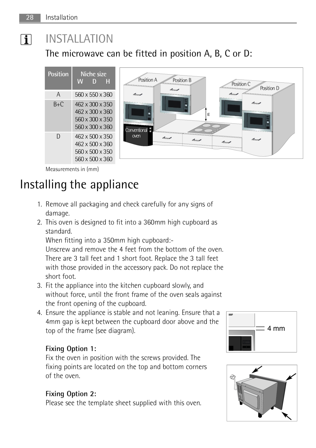 AEG MC1763E Installing the appliance, Installation, The microwave can be fitted in position A, B, C or D, Fixing Option 