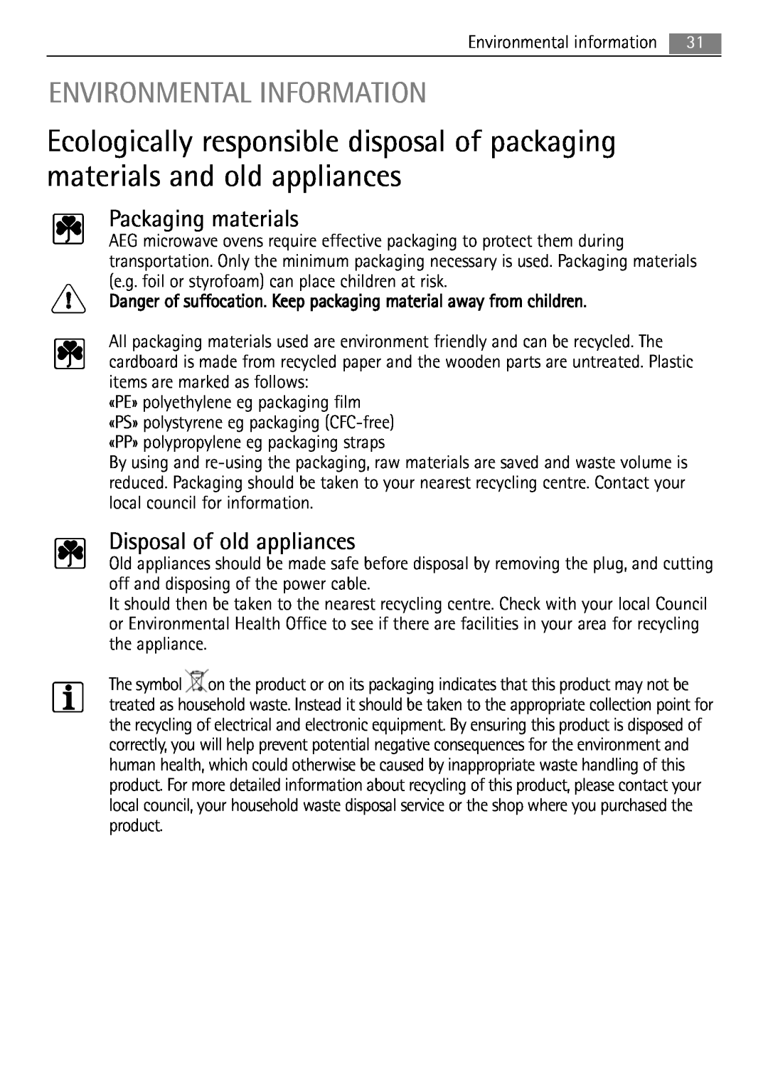 AEG MC1753E, MC1763E user manual Environmental Information, Packaging materials, Disposal of old appliances 