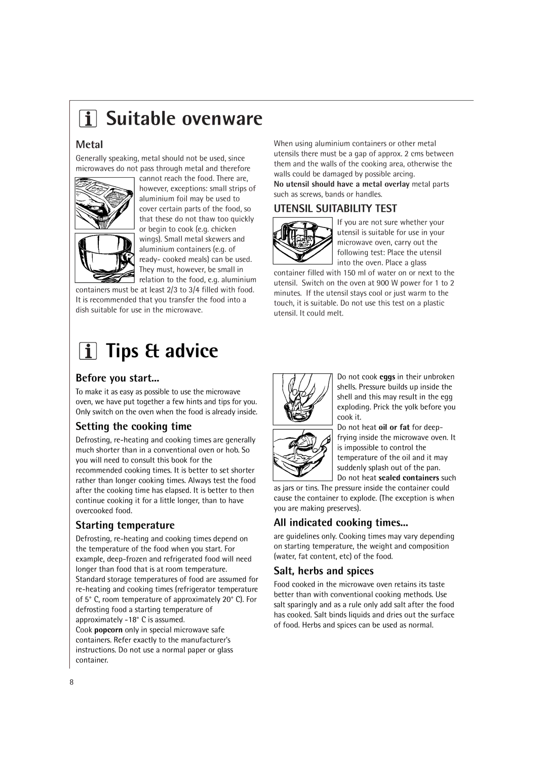 AEG MC2660E operating instructions Suitable ovenware, Metal 