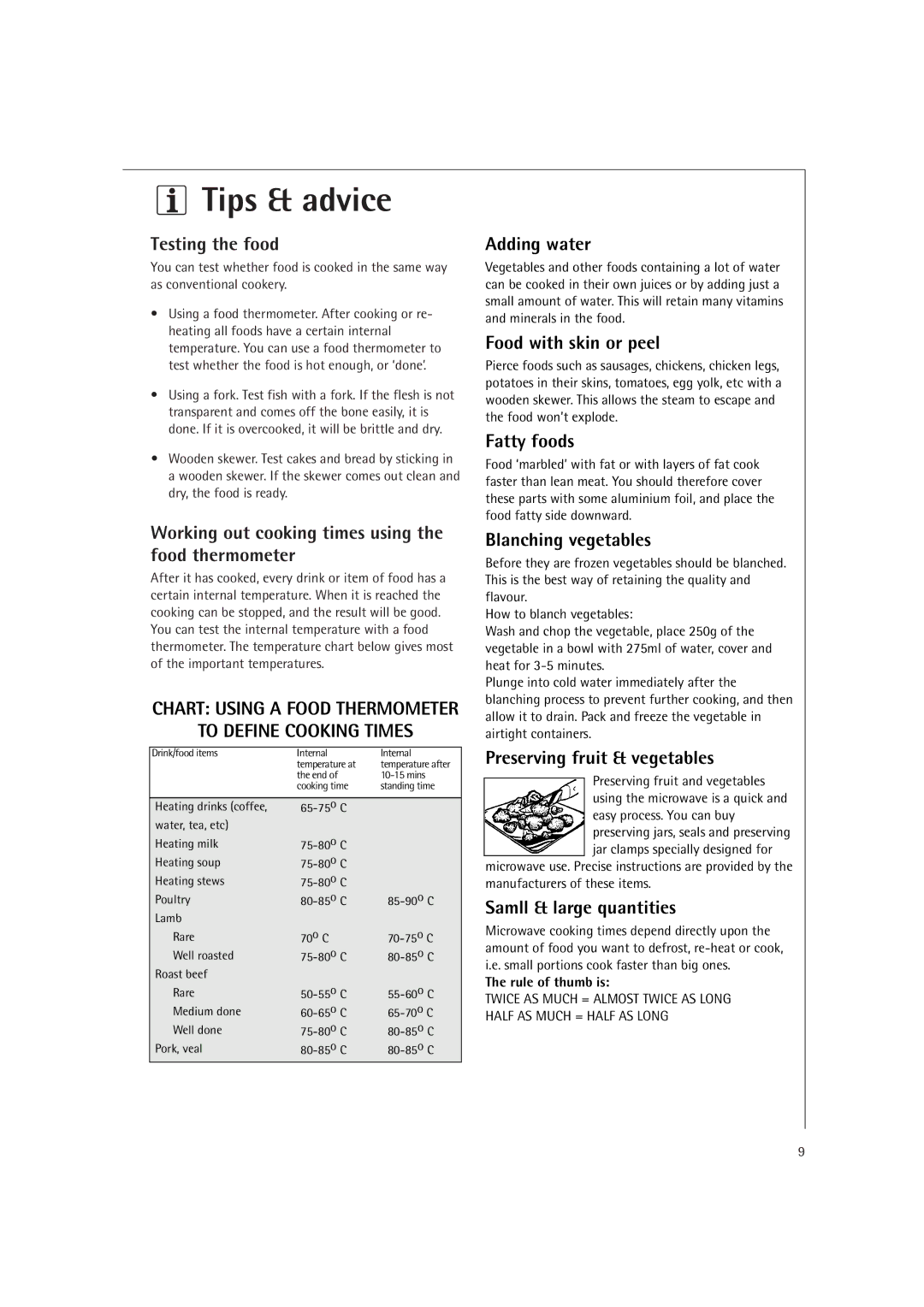 AEG MC2660E Tips & advice, Testing the food, Working out cooking times using the food thermometer, To Define Cooking Times 