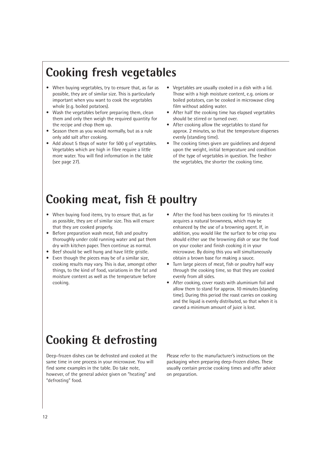 AEG MC2660E operating instructions Cooking fresh vegetables, Cooking meat, fish & poultry 