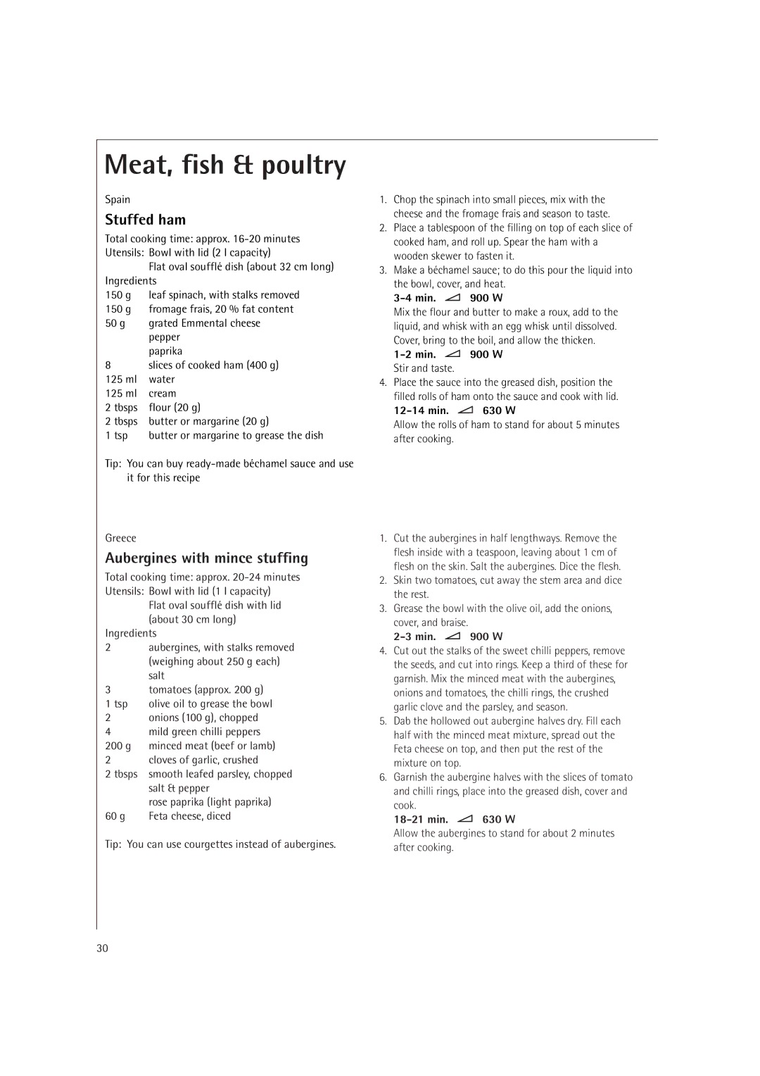 AEG MC2660E operating instructions Stuffed ham, Aubergines with mince stuffing, Min W Stir and taste 