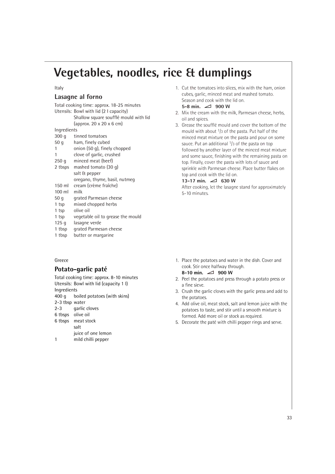 AEG MC2660E operating instructions Lasagne al forno, Potato-garlic paté, Italy 