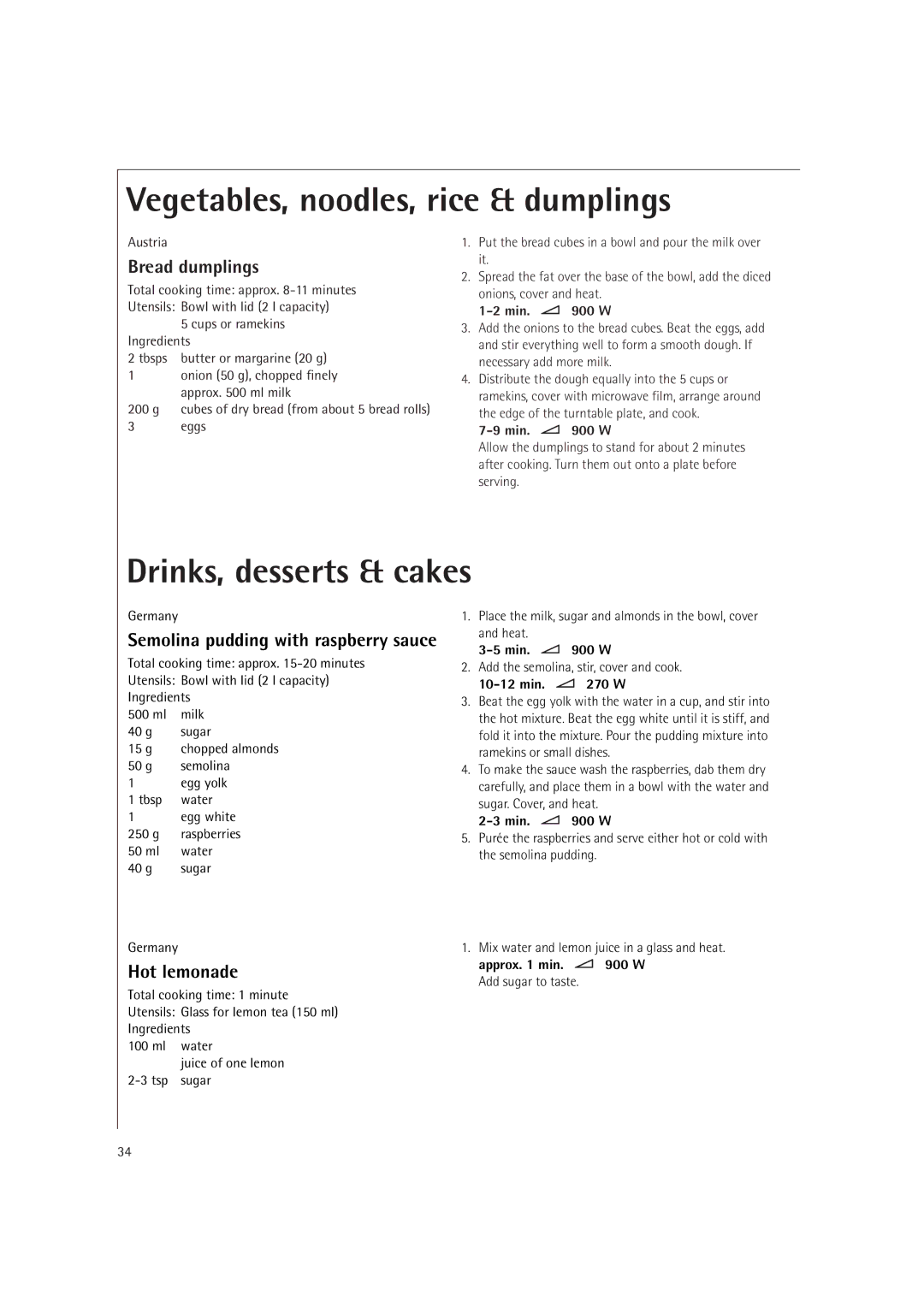 AEG MC2660E Drinks, desserts & cakes, Bread dumplings, Hot lemonade, Total cooking time approx -11 minutes 