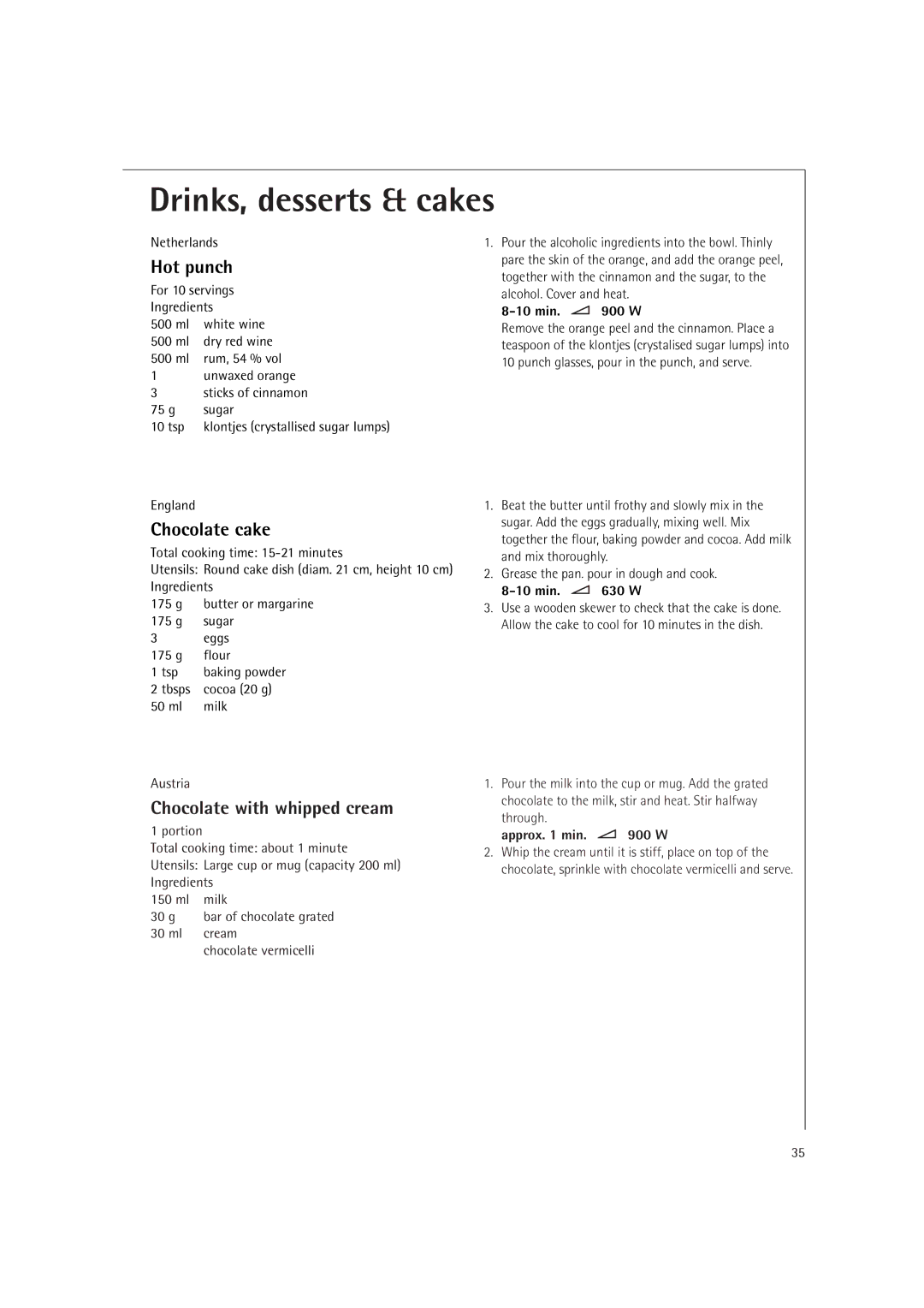 AEG MC2660E operating instructions Hot punch, Chocolate cake, Chocolate with whipped cream 