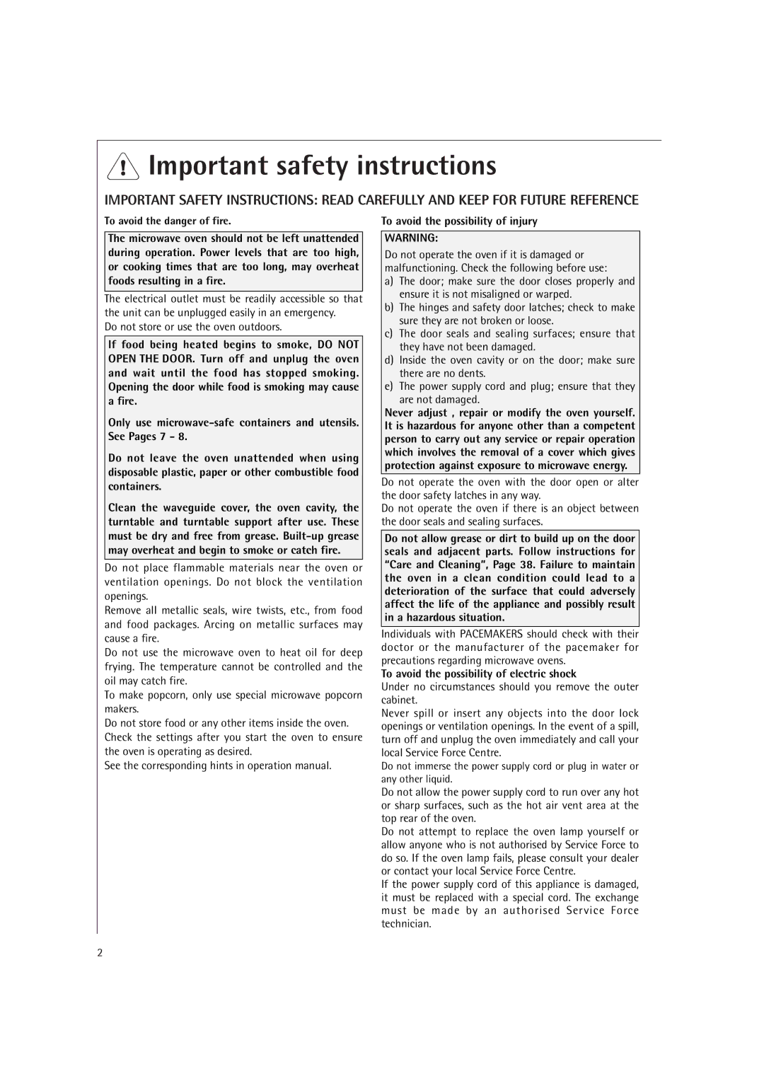 AEG MC2660E Important safety instructions, To avoid the possibility of injury, To avoid the possibility of electric shock 