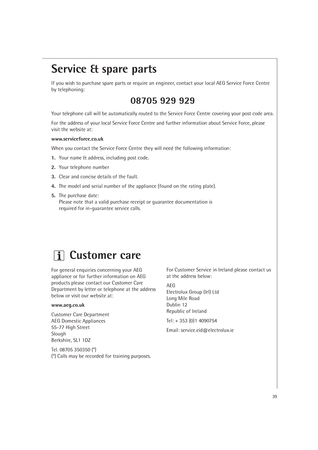 AEG MC2660E operating instructions Service & spare parts, Customer care 