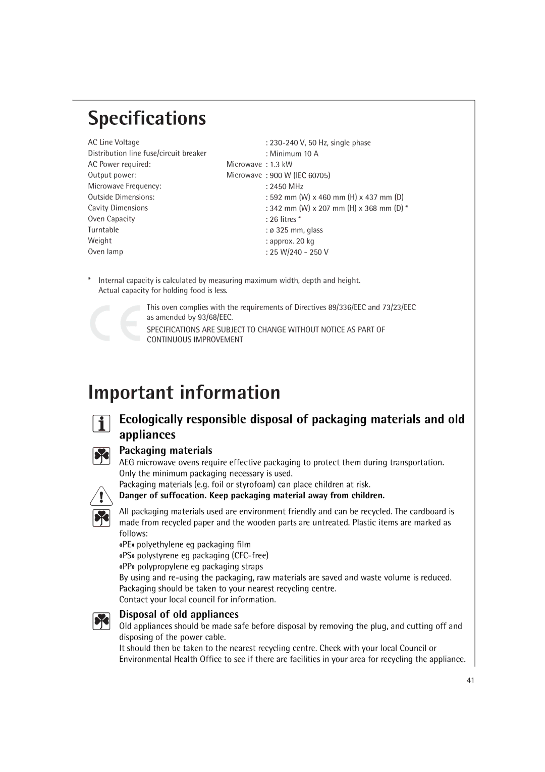 AEG MC2660E operating instructions Specifications, Important information, Packaging materials, Disposal of old appliances 