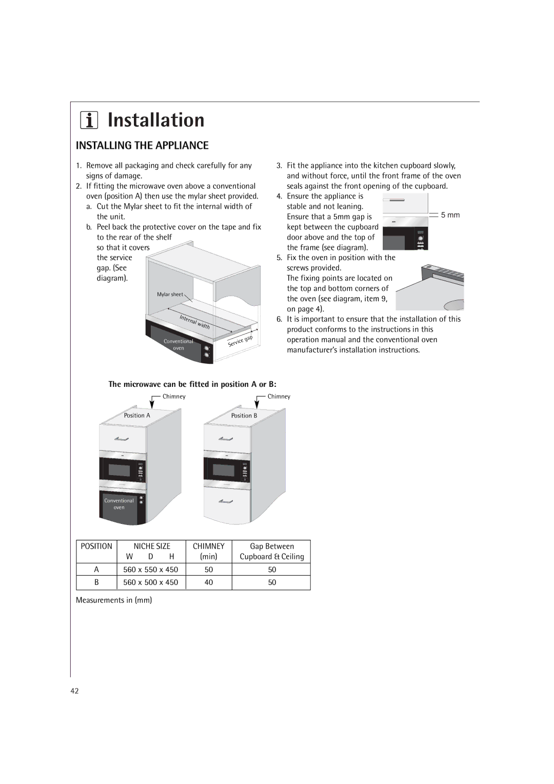 AEG MC2660E operating instructions Installation, Installing the Appliance, Microwave can be fitted in position a or B 