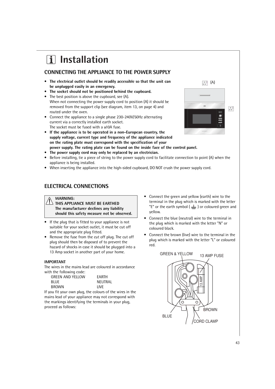 AEG MC2660E operating instructions Connecting the Appliance to the Power Supply, Electrical Connections 