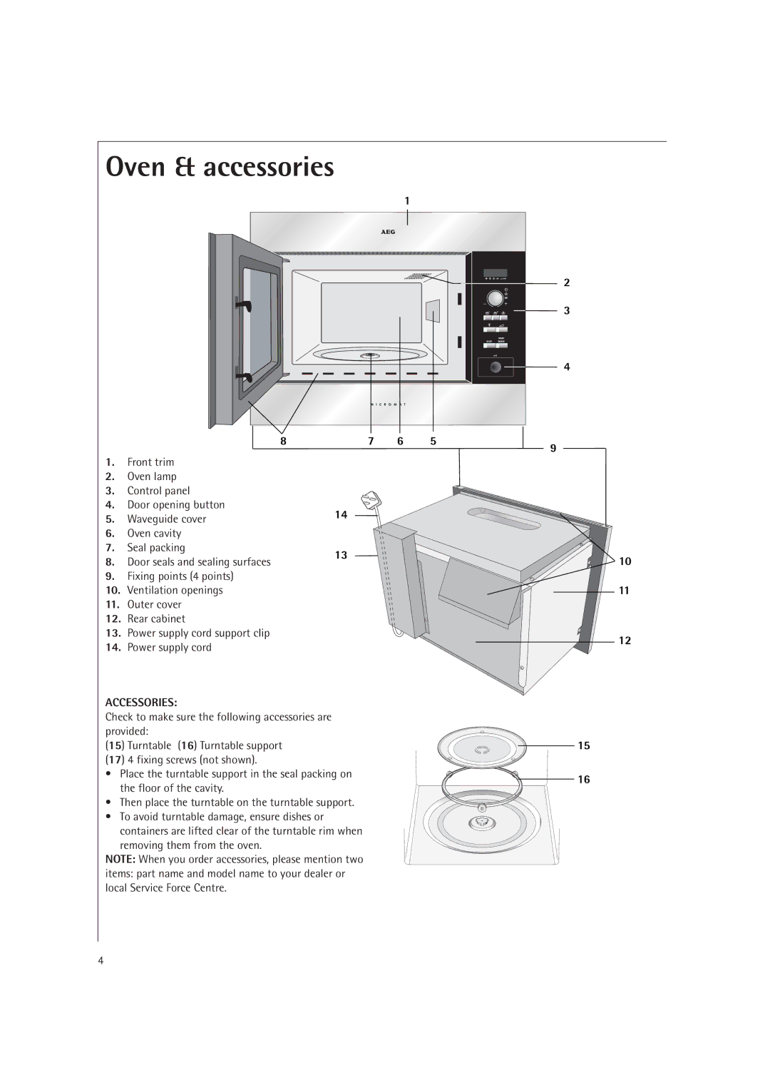 AEG MC2660E operating instructions Oven & accessories, Front trim Oven lamp Control panel, Power supply cord support clip 