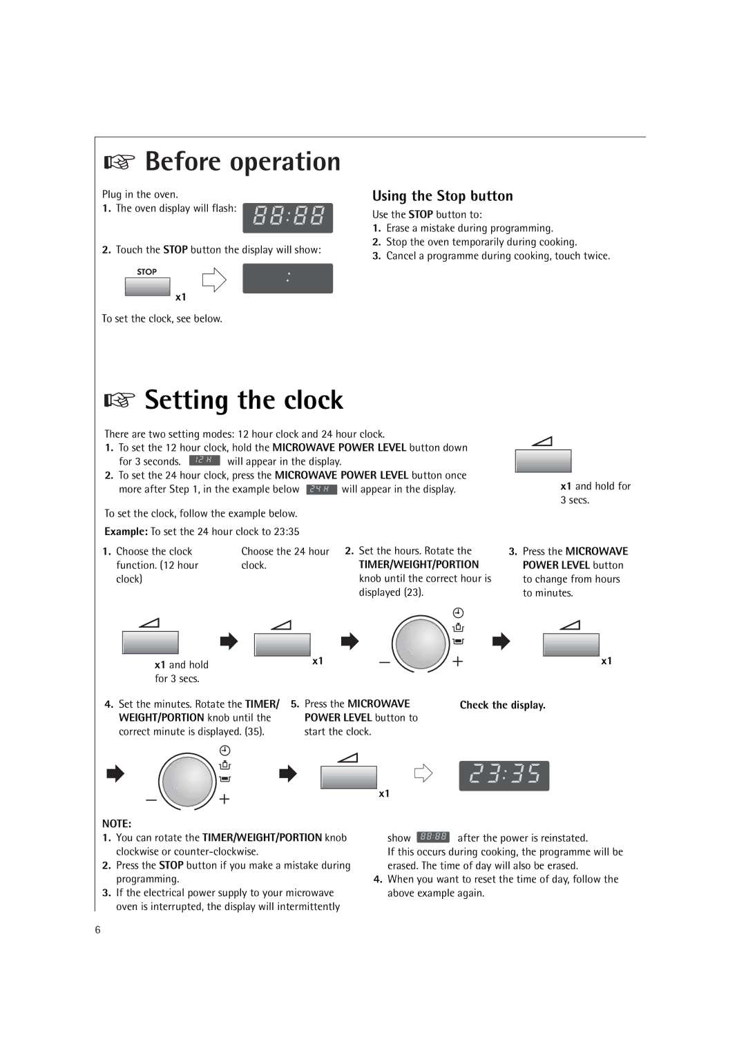 AEG MC2660E operating instructions Before operation, Using the Stop button, Timer/Weight/Portion, Press the Microwave 