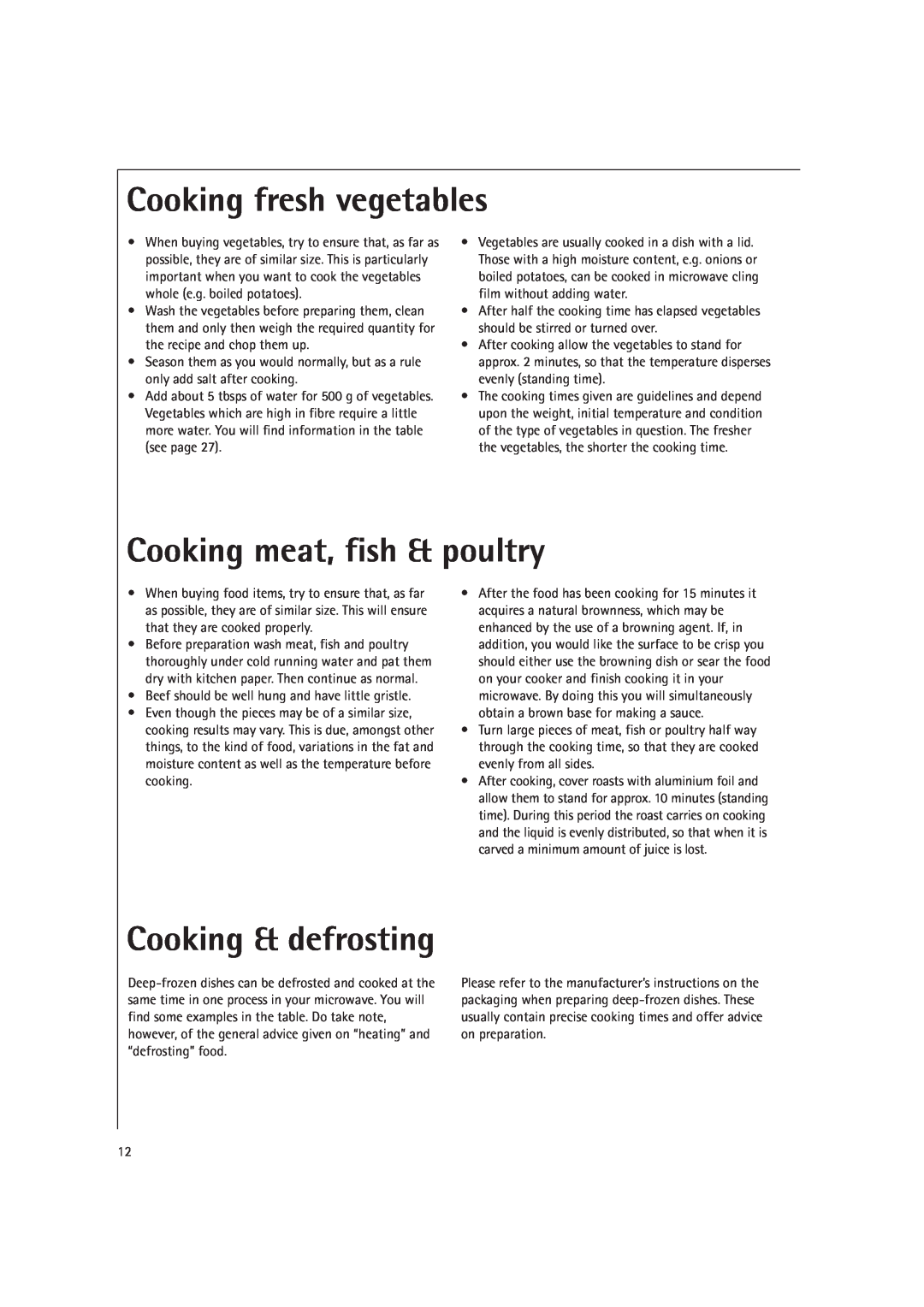 AEG MC2660E operating instructions Cooking fresh vegetables, Cooking meat, fish & poultry, Cooking & defrosting 