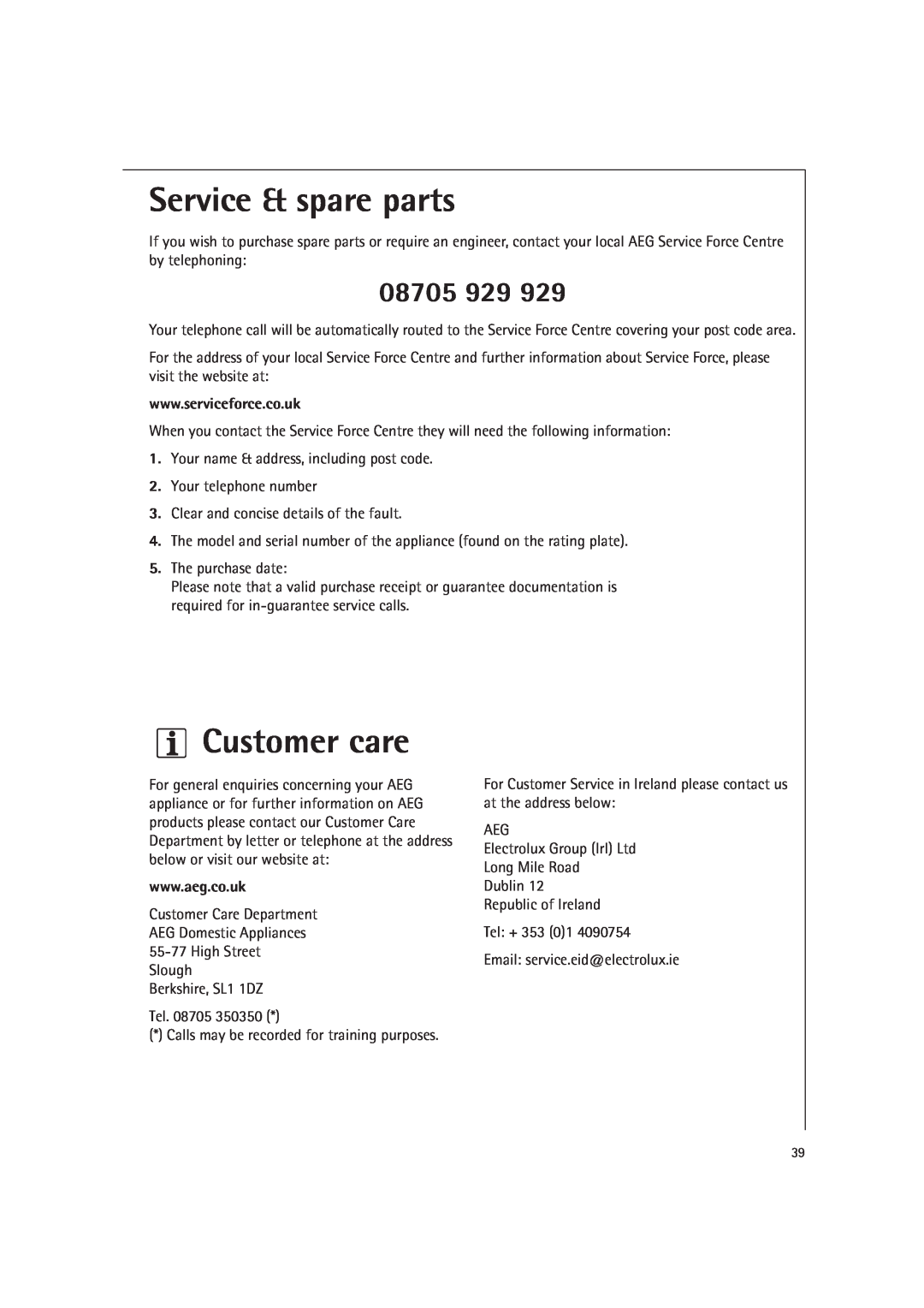 AEG MC2660E operating instructions Service & spare parts, Customer care, 08705 
