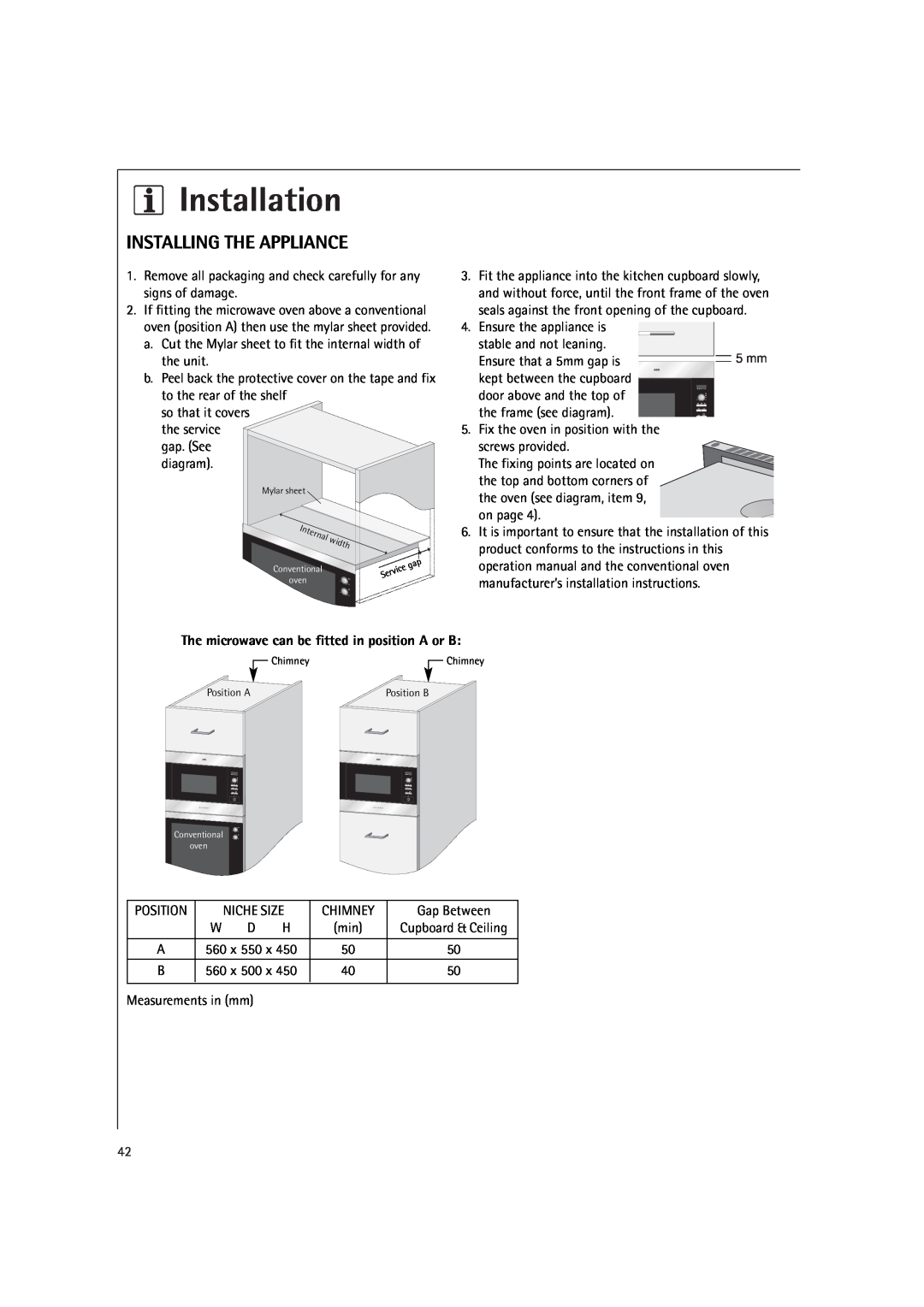 AEG MC2660E operating instructions Installation, Installing The Appliance, The microwave can be fitted in position A or B 