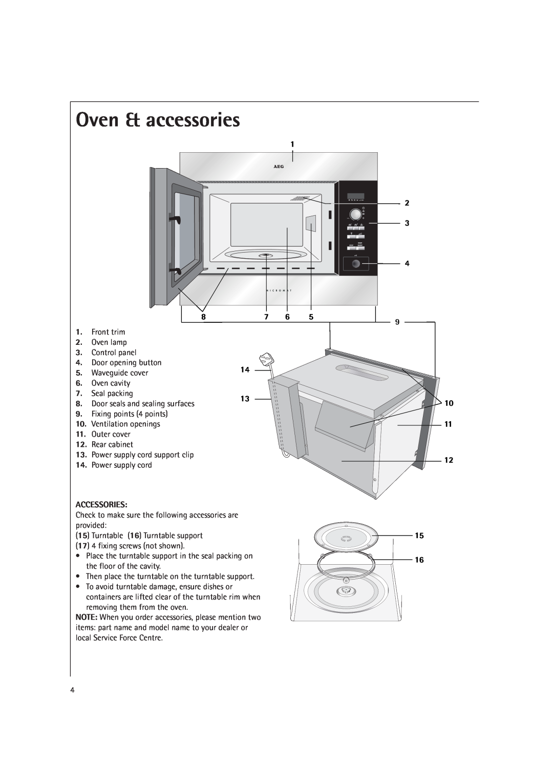 AEG MC2660E Oven & accessories, Door opening button, Waveguide cover, Oven cavity, Seal packing, Fixing points 4 points 