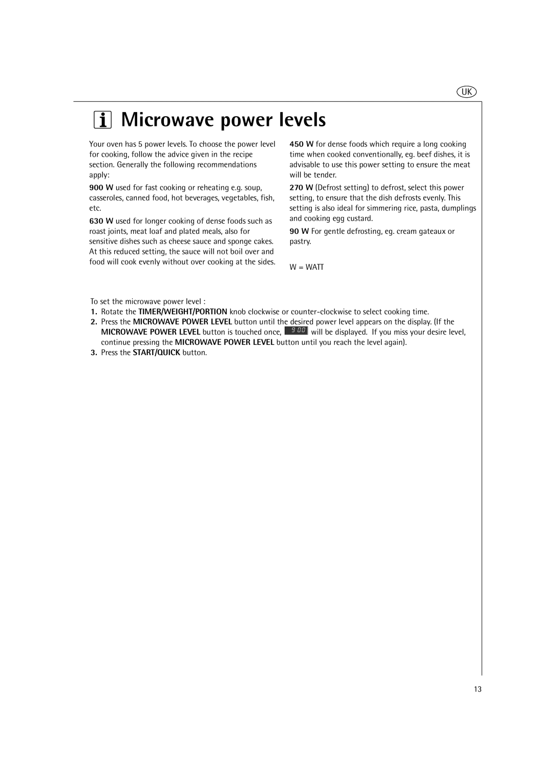 AEG MC2661E manual Microwave power levels, Press the START/QUICK button 