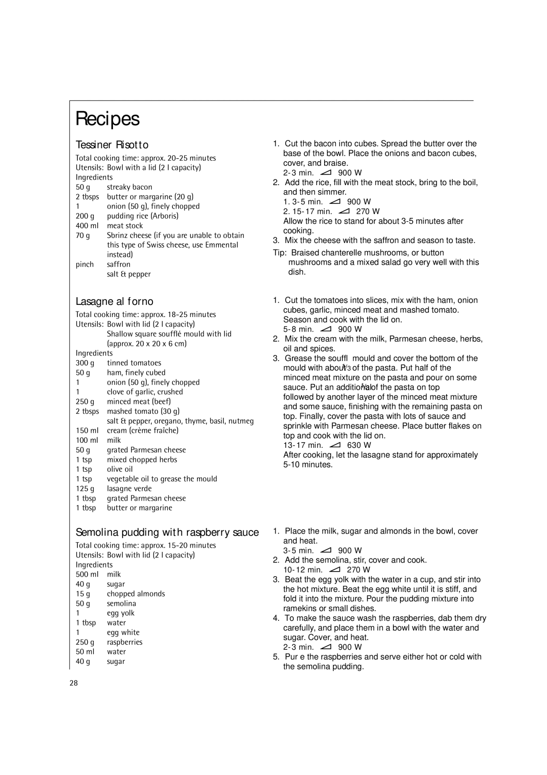 AEG MC2661E manual Tessiner Risotto, Lasagne al forno, Instead, Pinch Saffron Salt & pepper 