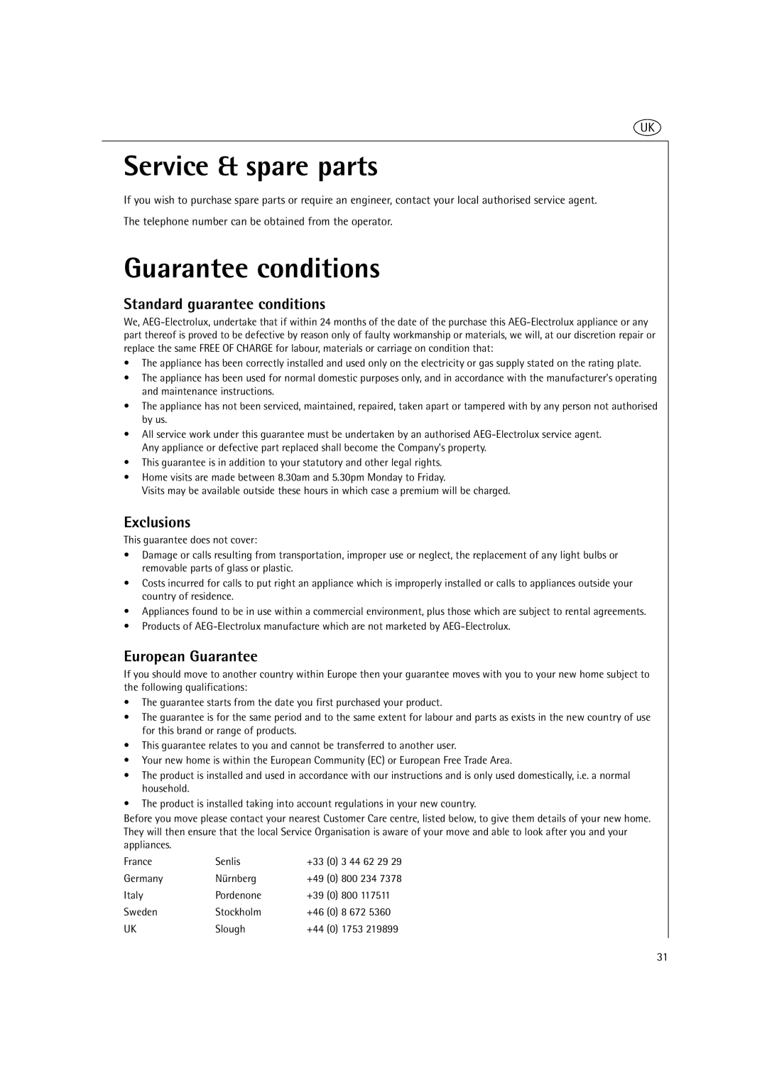 AEG MC2661E Service & spare parts, Guarantee conditions, Standard guarantee conditions, Exclusions, European Guarantee 