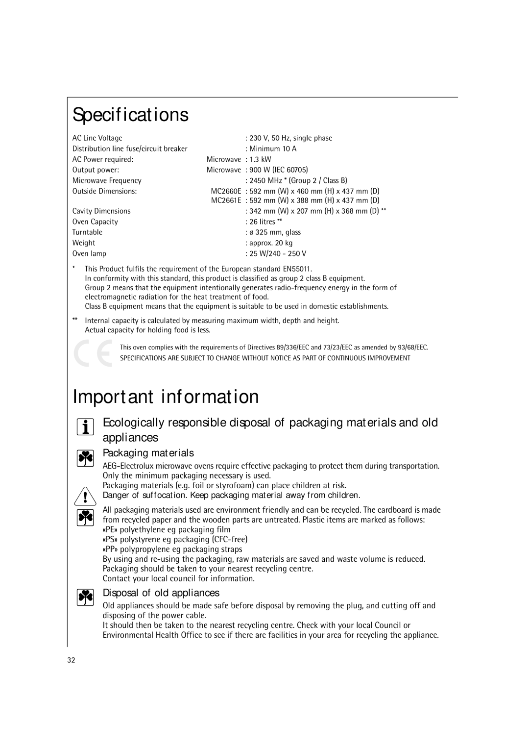 AEG MC2661E manual Specifications, Important information, Packaging materials, Disposal of old appliances 