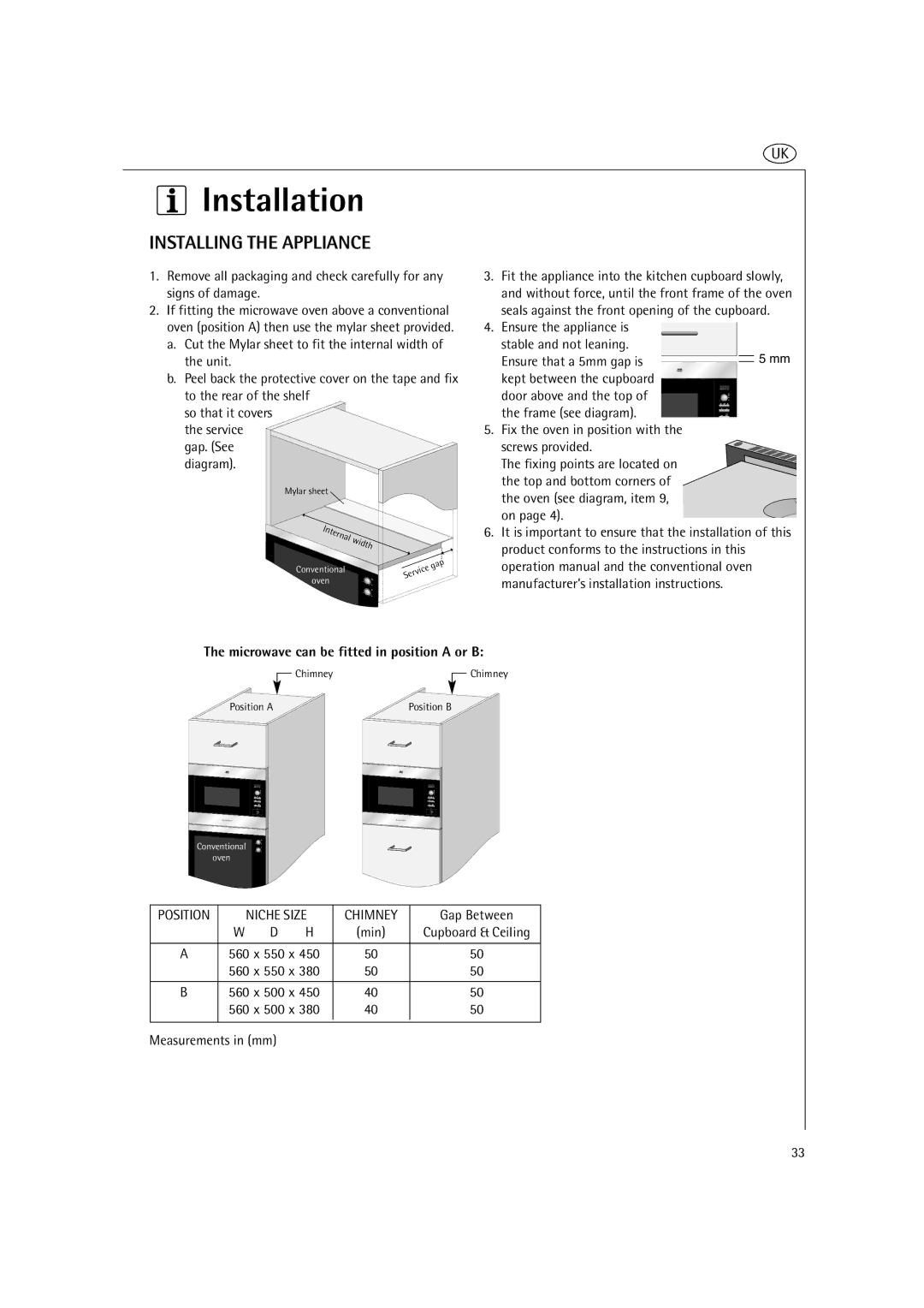 AEG MC2661E manual Installation, Installing the Appliance, Microwave can be fitted in position a or B, Gap Between 