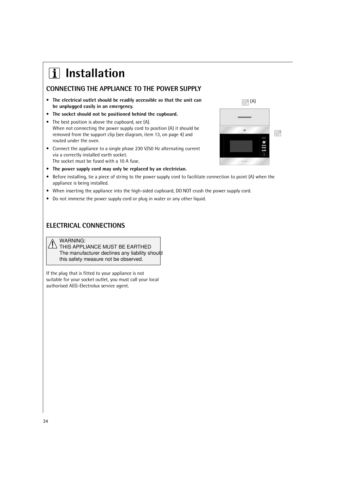 AEG MC2661E manual Connecting the Appliance to the Power Supply, Electrical Connections, This Appliance Must be Earthed 