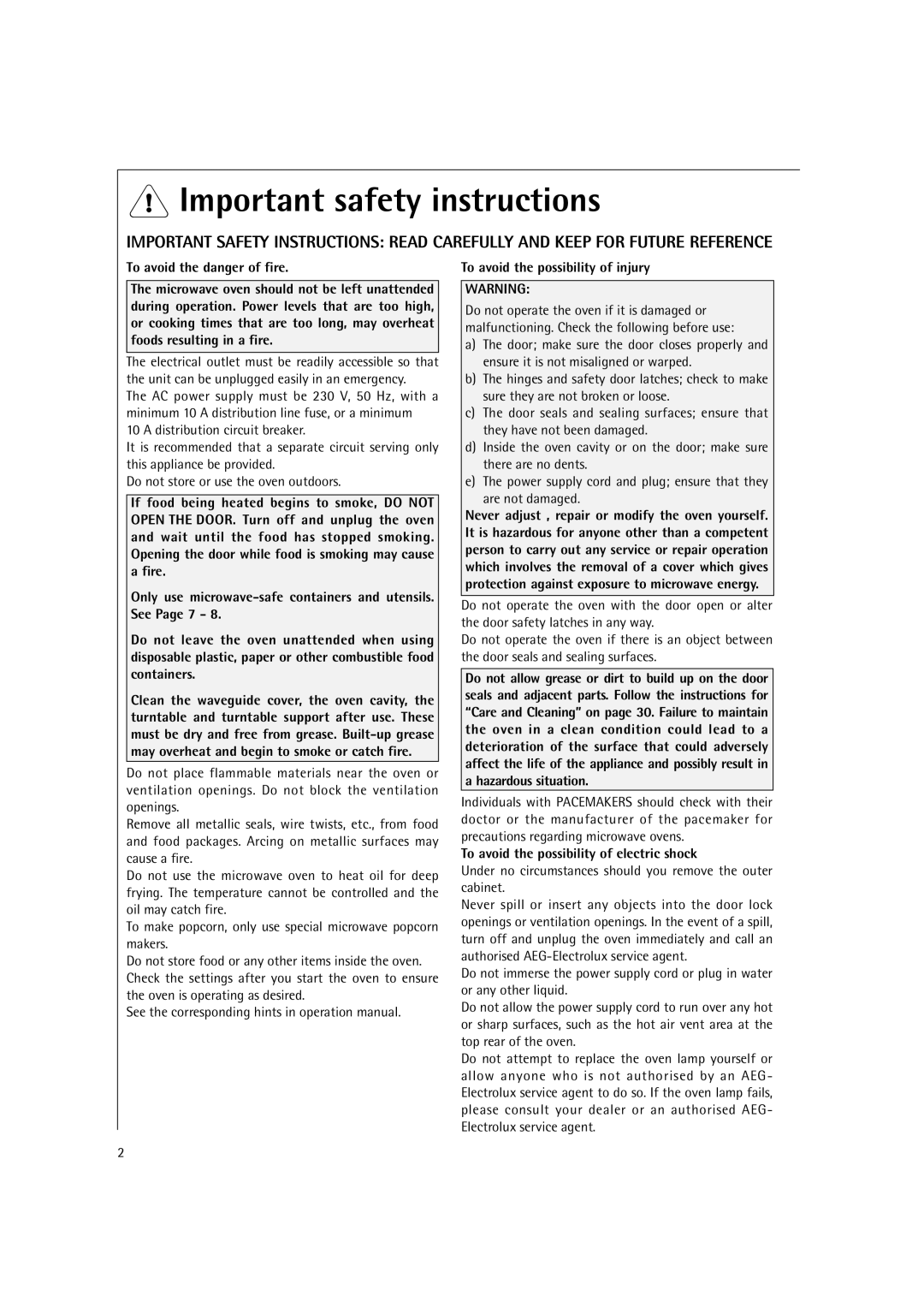 AEG MC2661E Important safety instructions, To avoid the possibility of injury, To avoid the possibility of electric shock 