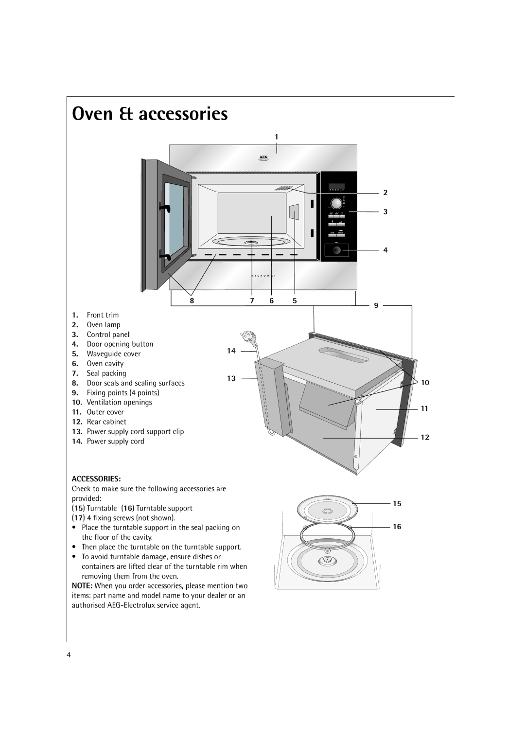 AEG MC2661E manual Oven & accessories, Front trim Oven lamp, Power supply cord support clip, Accessories 