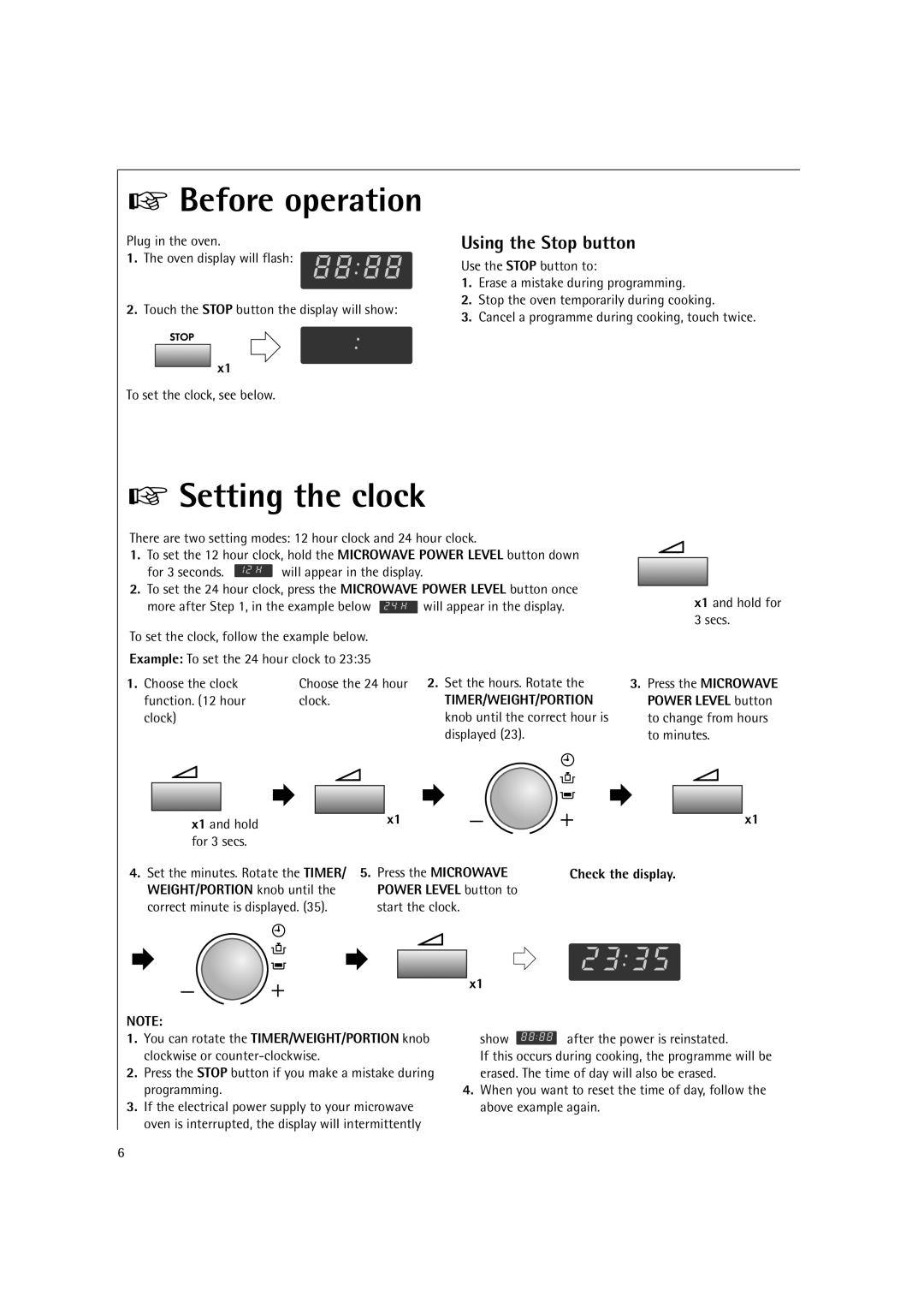 AEG MC2661E manual Before operation, Setting the clock, Using the Stop button, Timer/Weight/Portion 