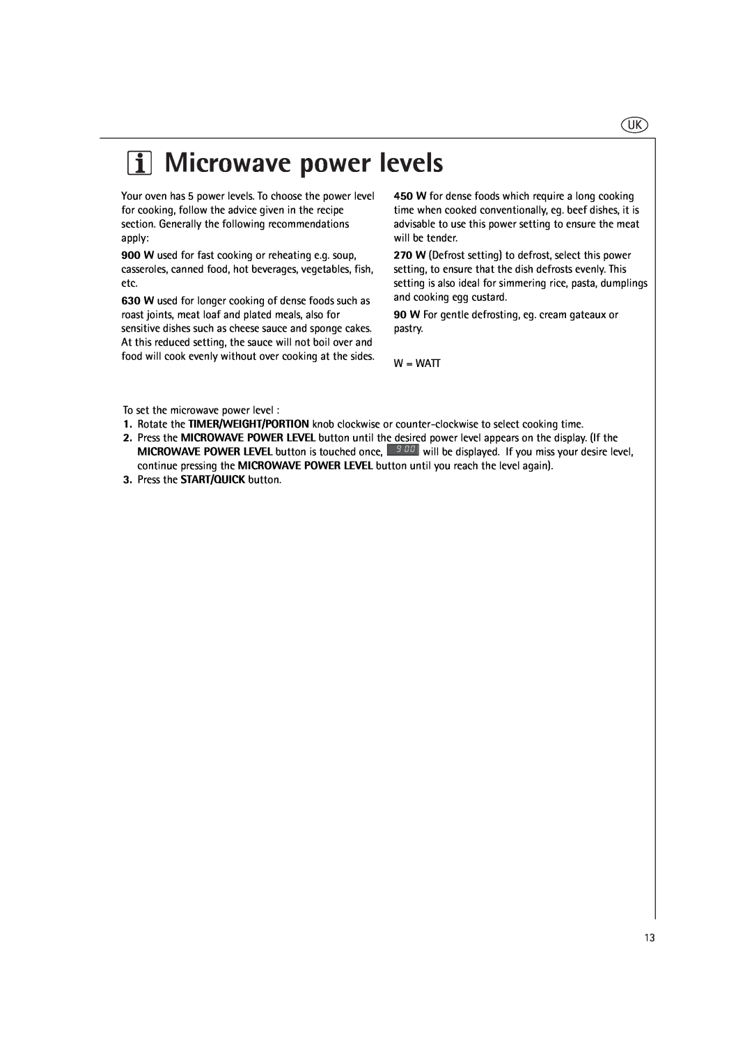 AEG MC2661E manual Microwave power levels 