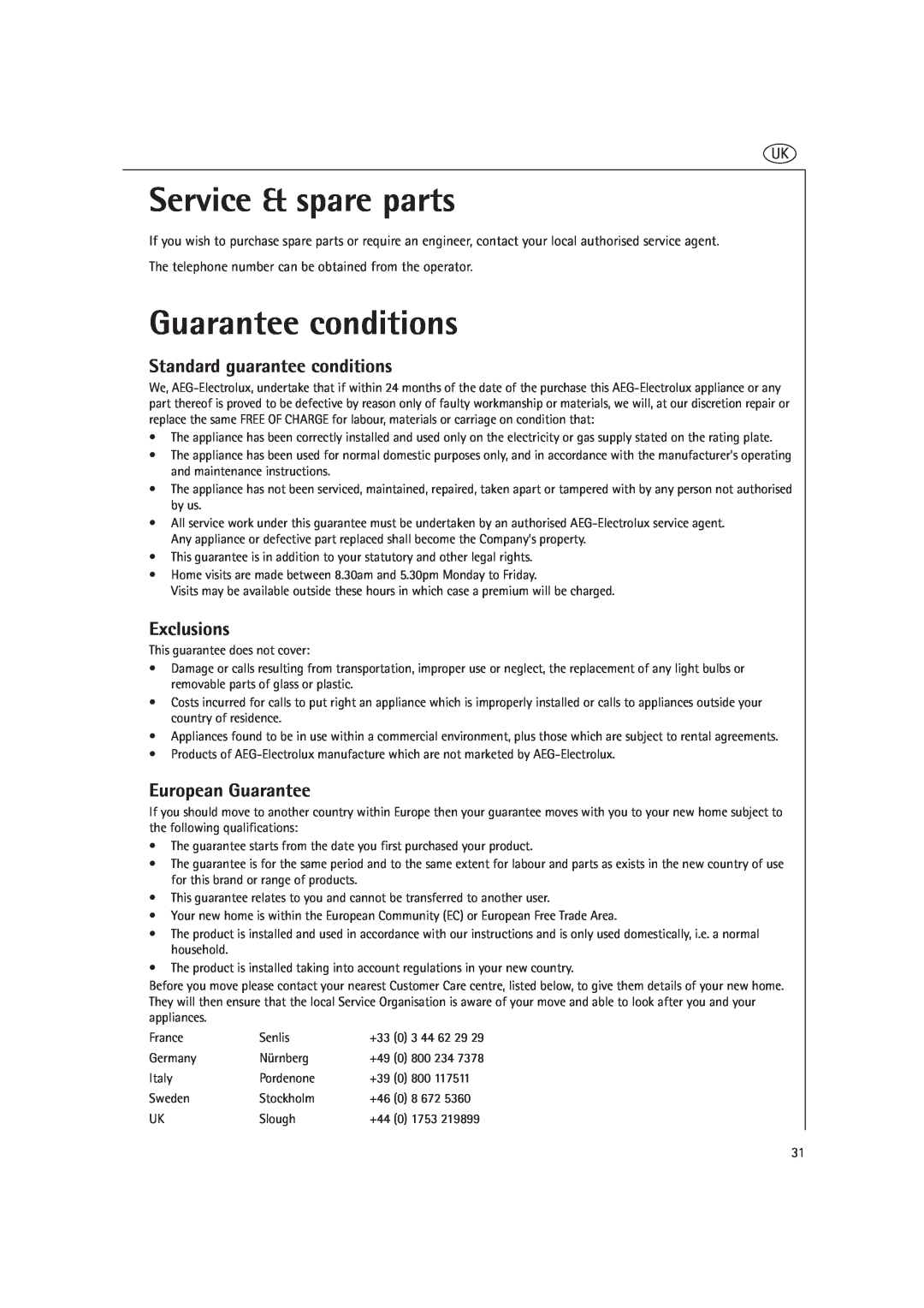 AEG MC2661E Service & spare parts, Guarantee conditions, Standard guarantee conditions, Exclusions, European Guarantee 