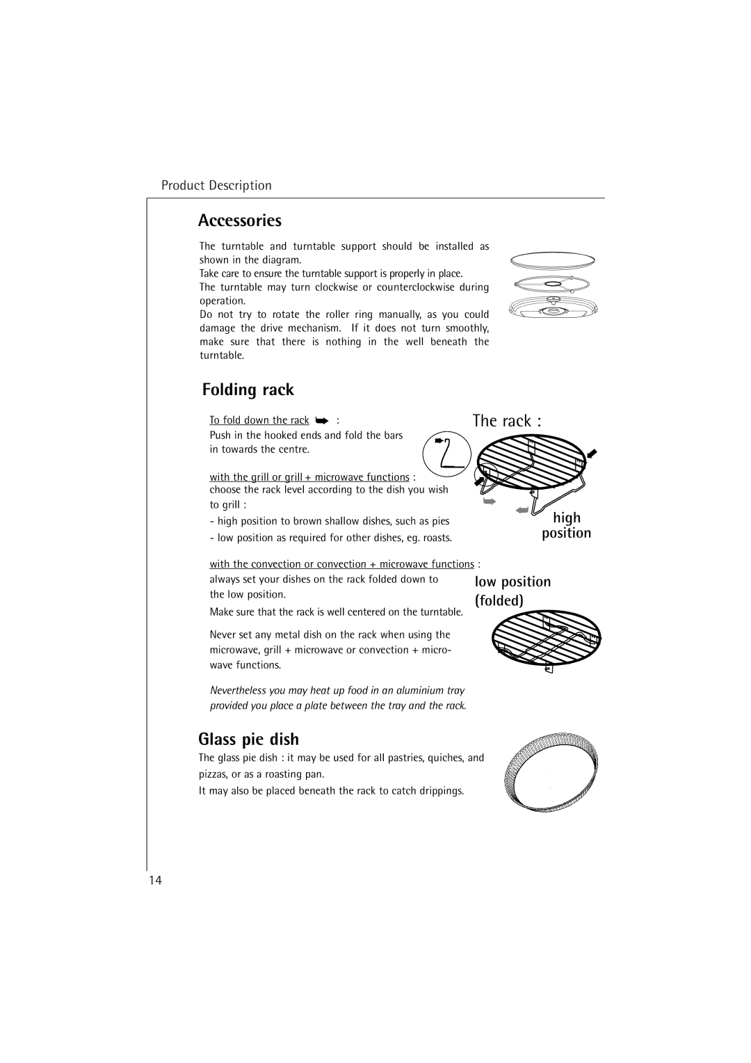 AEG MCC 663 instruction manual Accessories, Folding rack, Glass pie dish, High, Position 