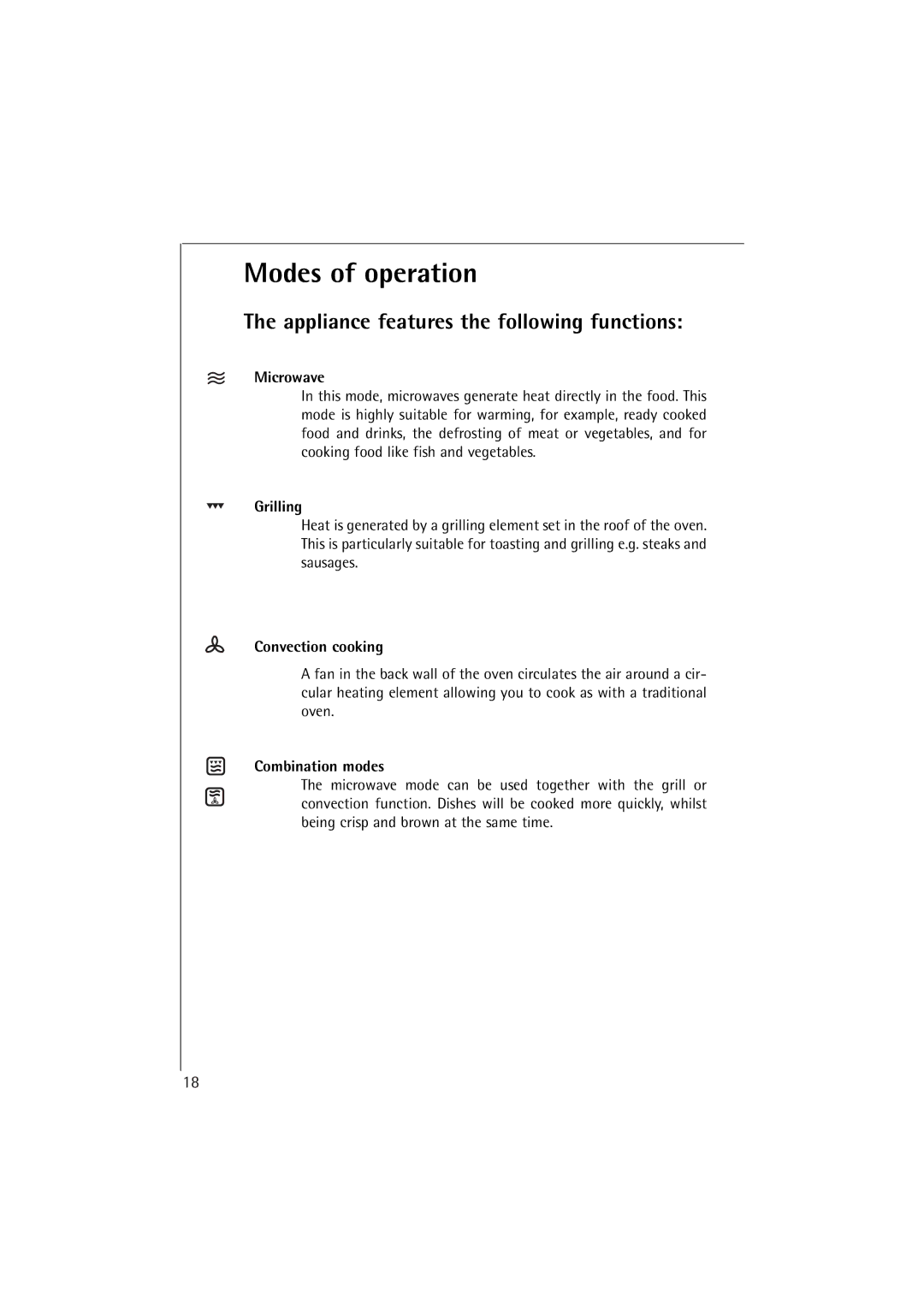 AEG MCC 663 instruction manual Modes of operation, Appliance features the following functions 