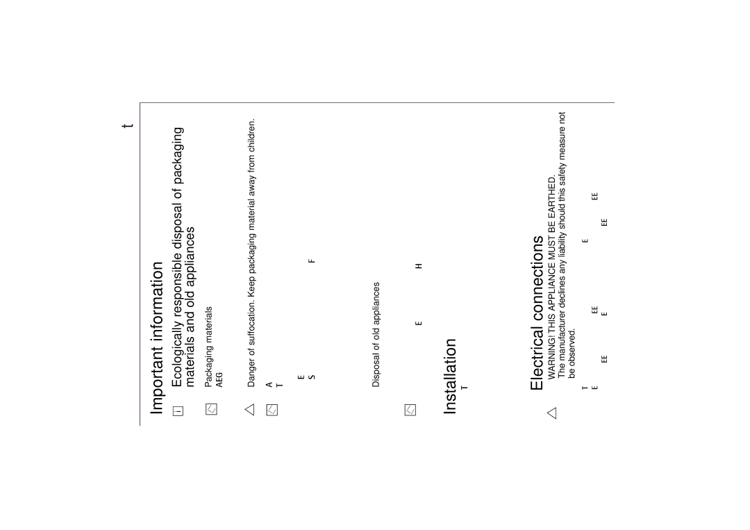 AEG MCC 663 Important information, Installation, Electrical connections, Packaging materials, Disposal of old appliances 