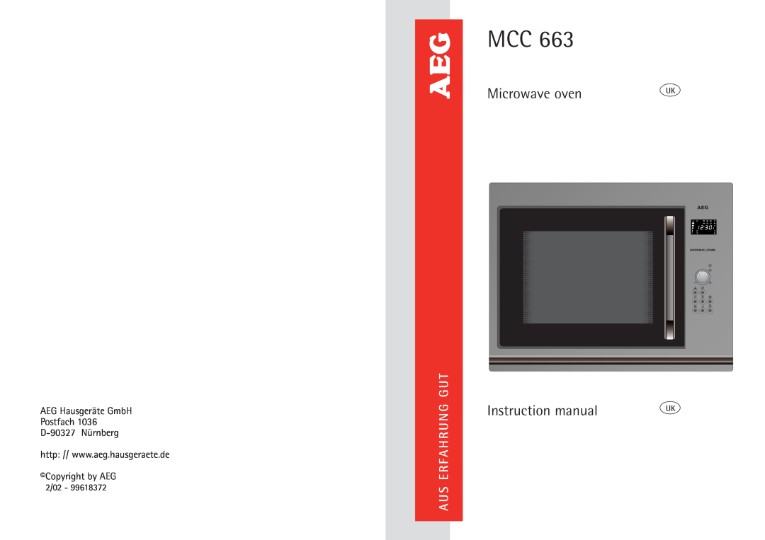 AEG MCC 663 instruction manual Microwave oven, AEG Hausgeräte GmbH Postfach D-90327 Nürnberg, Copyright by AEG 