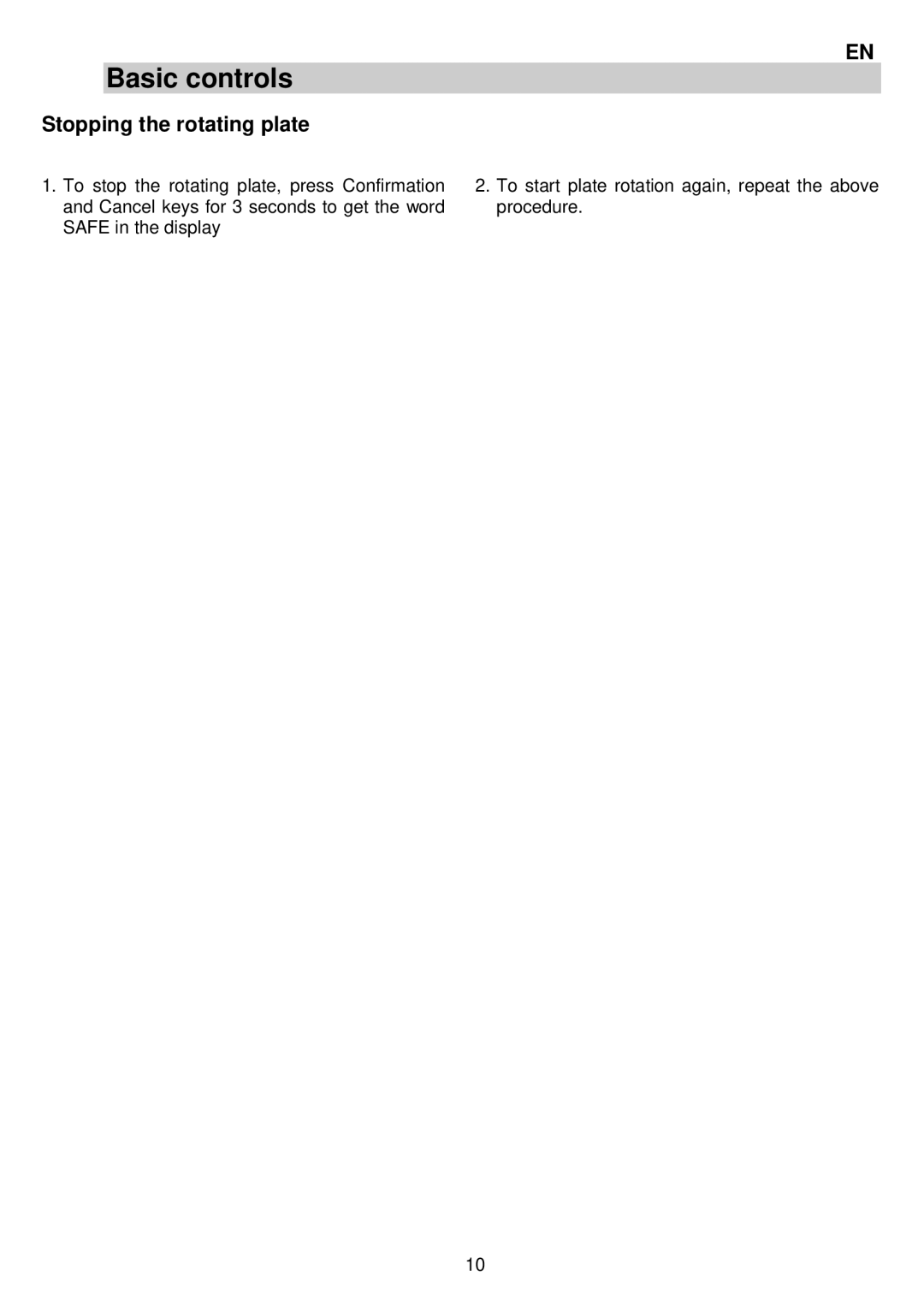 AEG MCC3880E-M user manual Stopping the rotating plate 