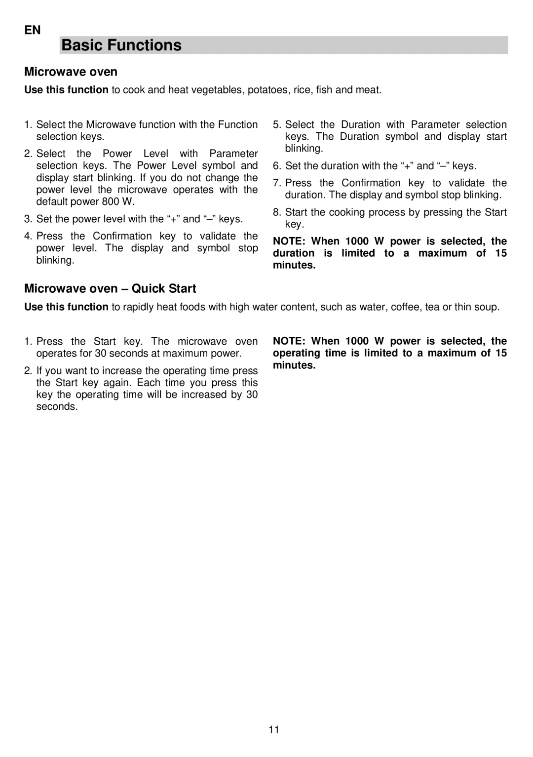 AEG MCC3880E-M user manual Basic Functions, Microwave oven Quick Start 