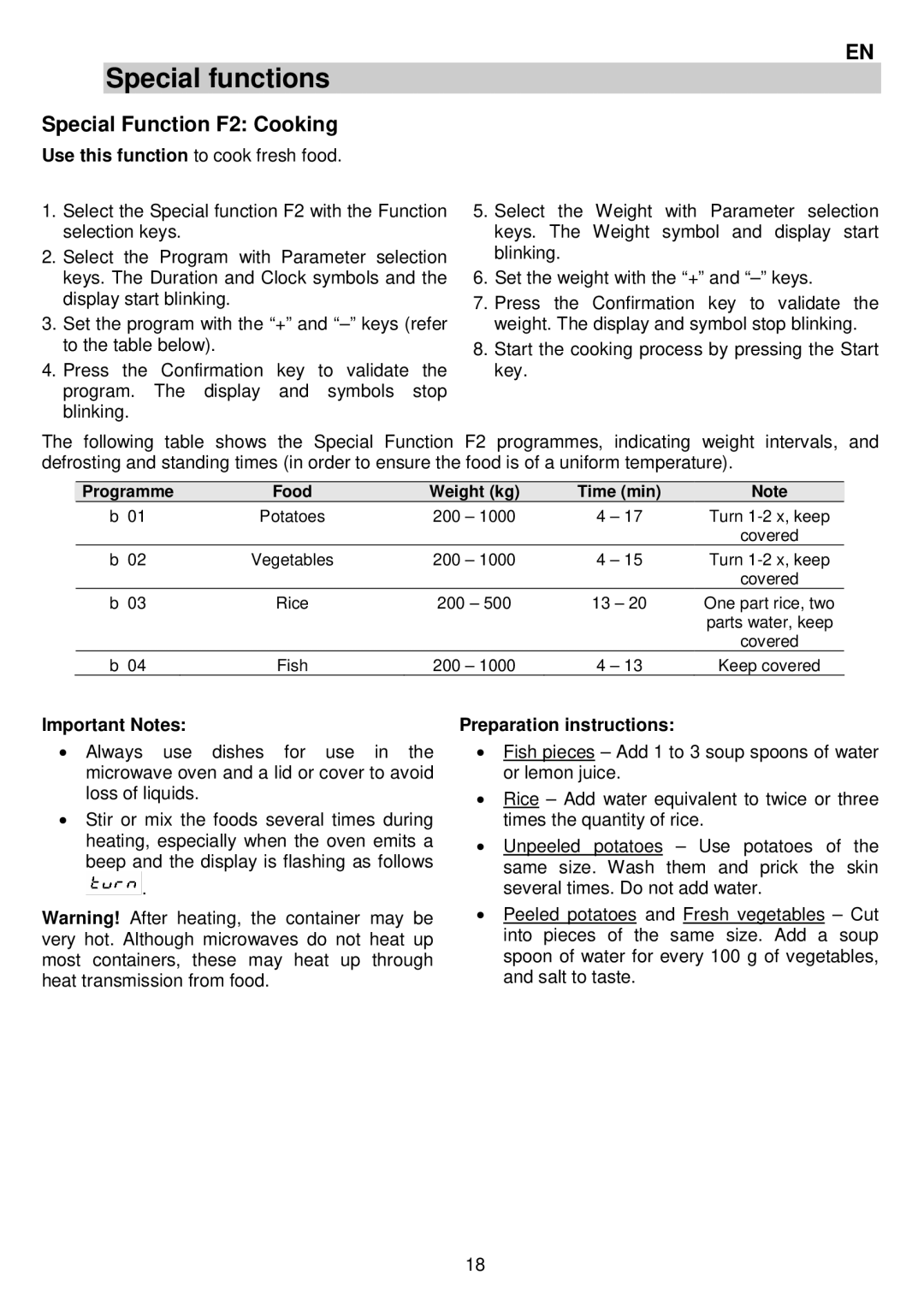 AEG MCC3880E-M user manual Special Function F2 Cooking, Preparation instructions, Programme Food Weight kg Time min 