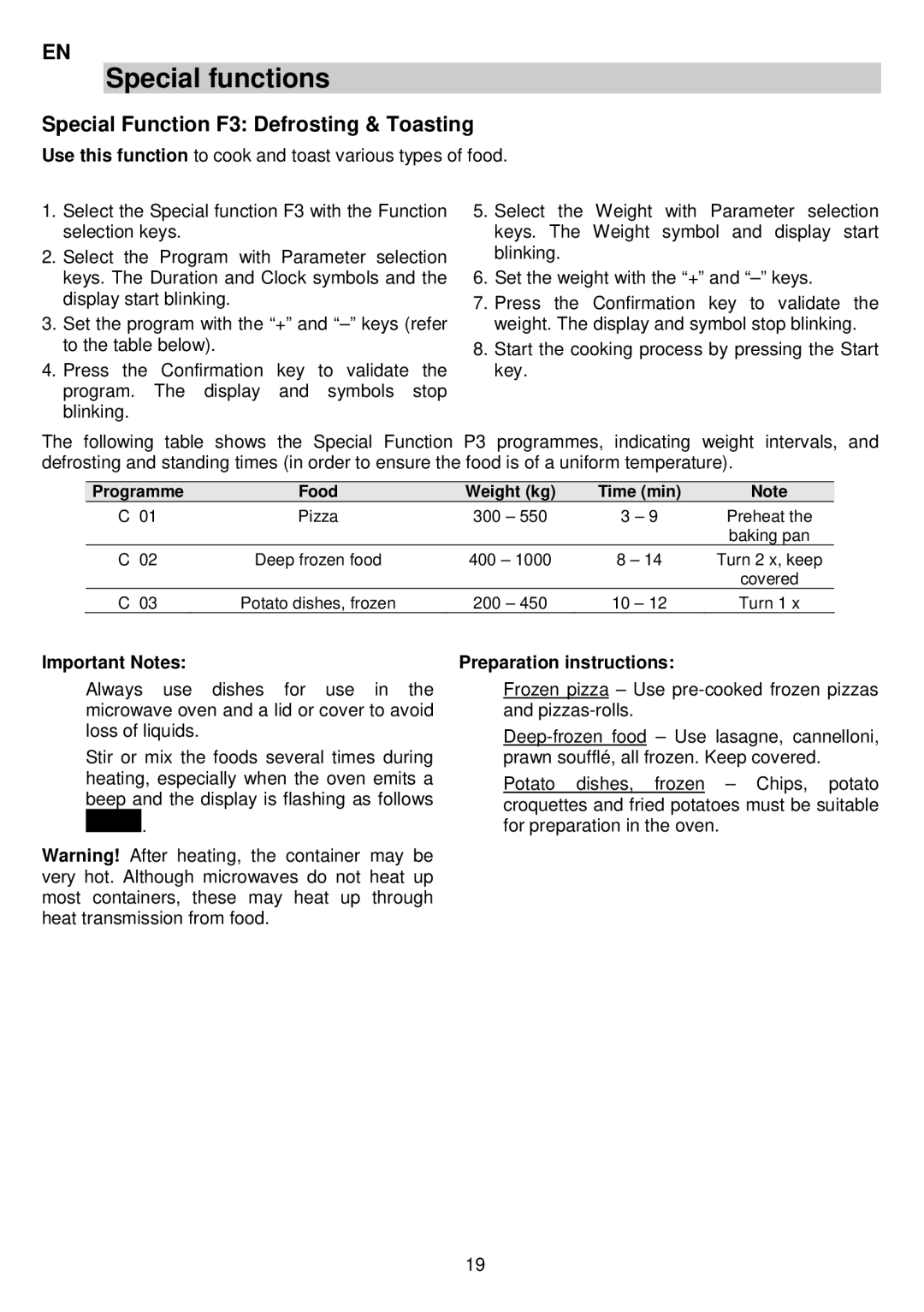 AEG MCC3880E-M user manual Special Function F3 Defrosting & Toasting 