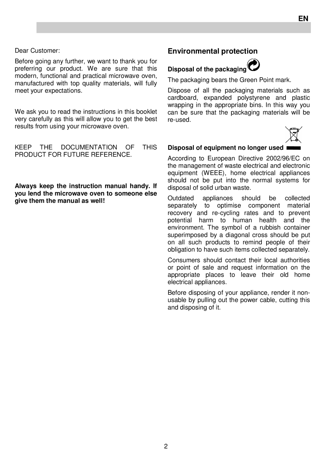 AEG MCC3880E-M user manual Environmental protection, Disposal of the packaging, Disposal of equipment no longer used 