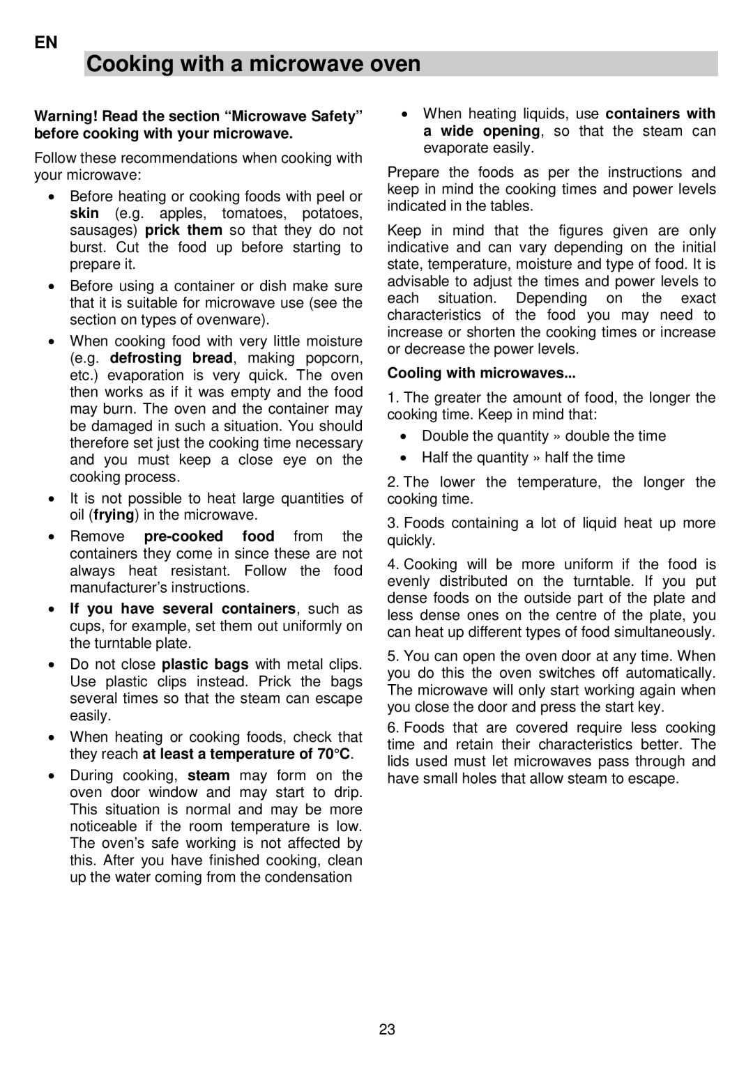 AEG MCC3880E-M user manual Cooking with a microwave oven, Cooling with microwaves 