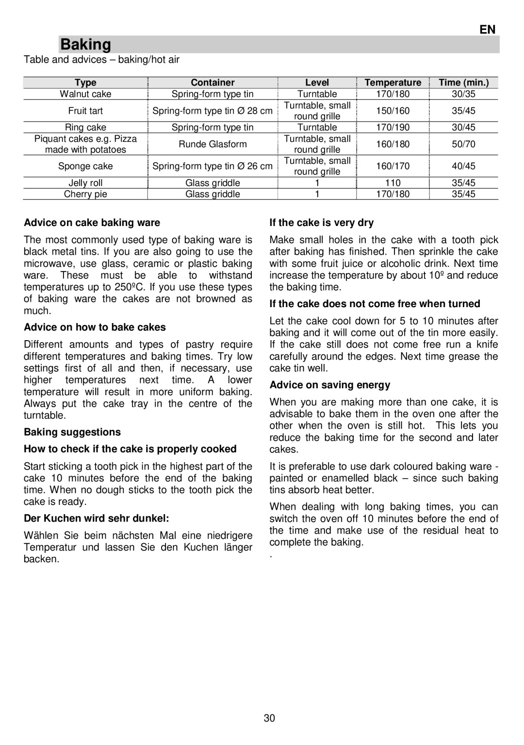 AEG MCC3880E-M user manual Baking 