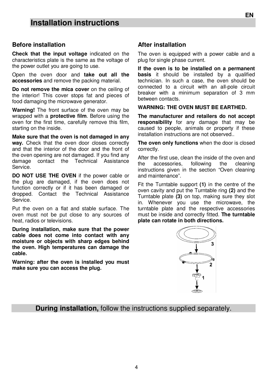 AEG MCC3880E-M user manual Installation instructions, Before installation, After installation 