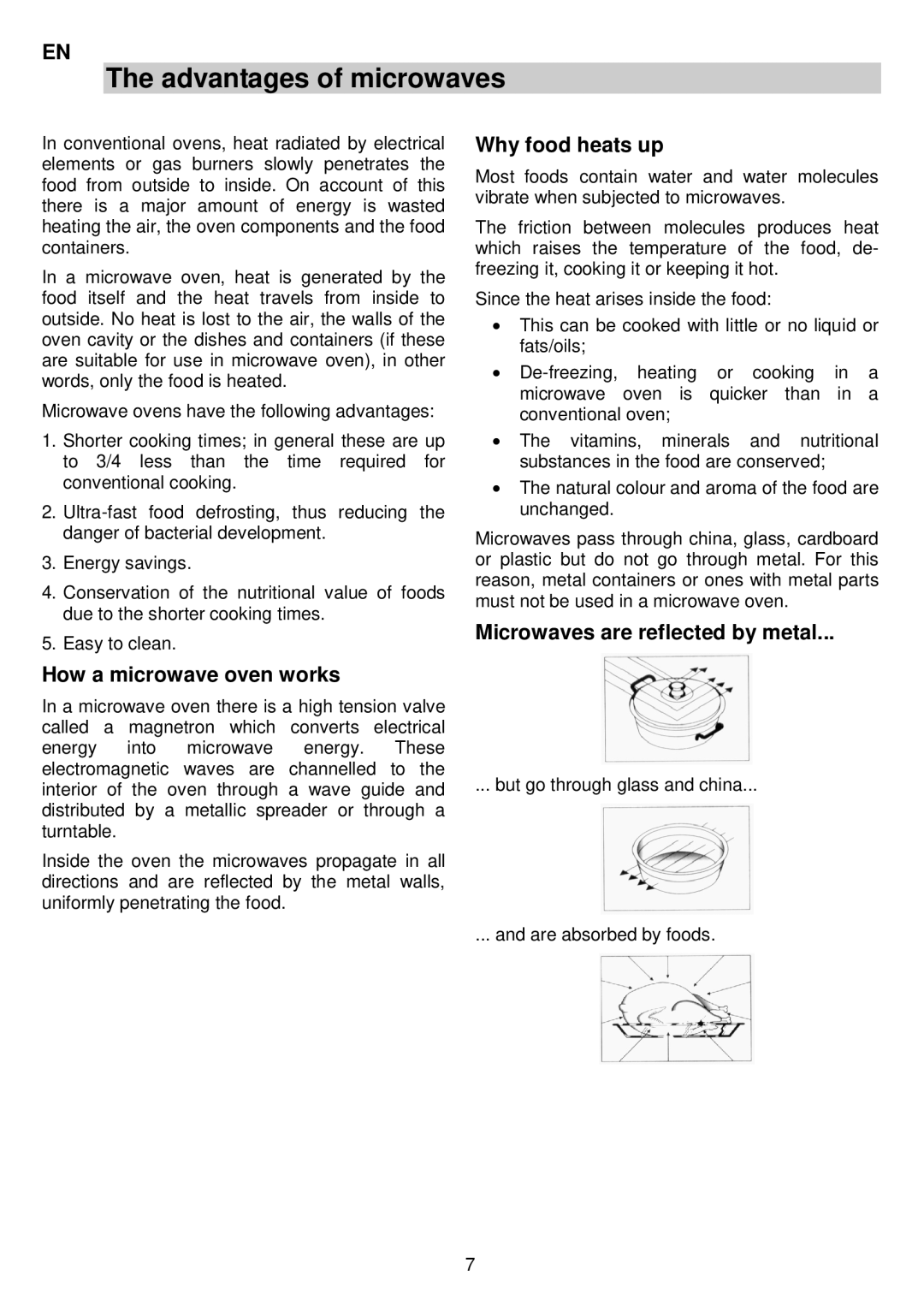 AEG MCC3880E-M Advantages of microwaves, How a microwave oven works, Why food heats up, Microwaves are reflected by metal 