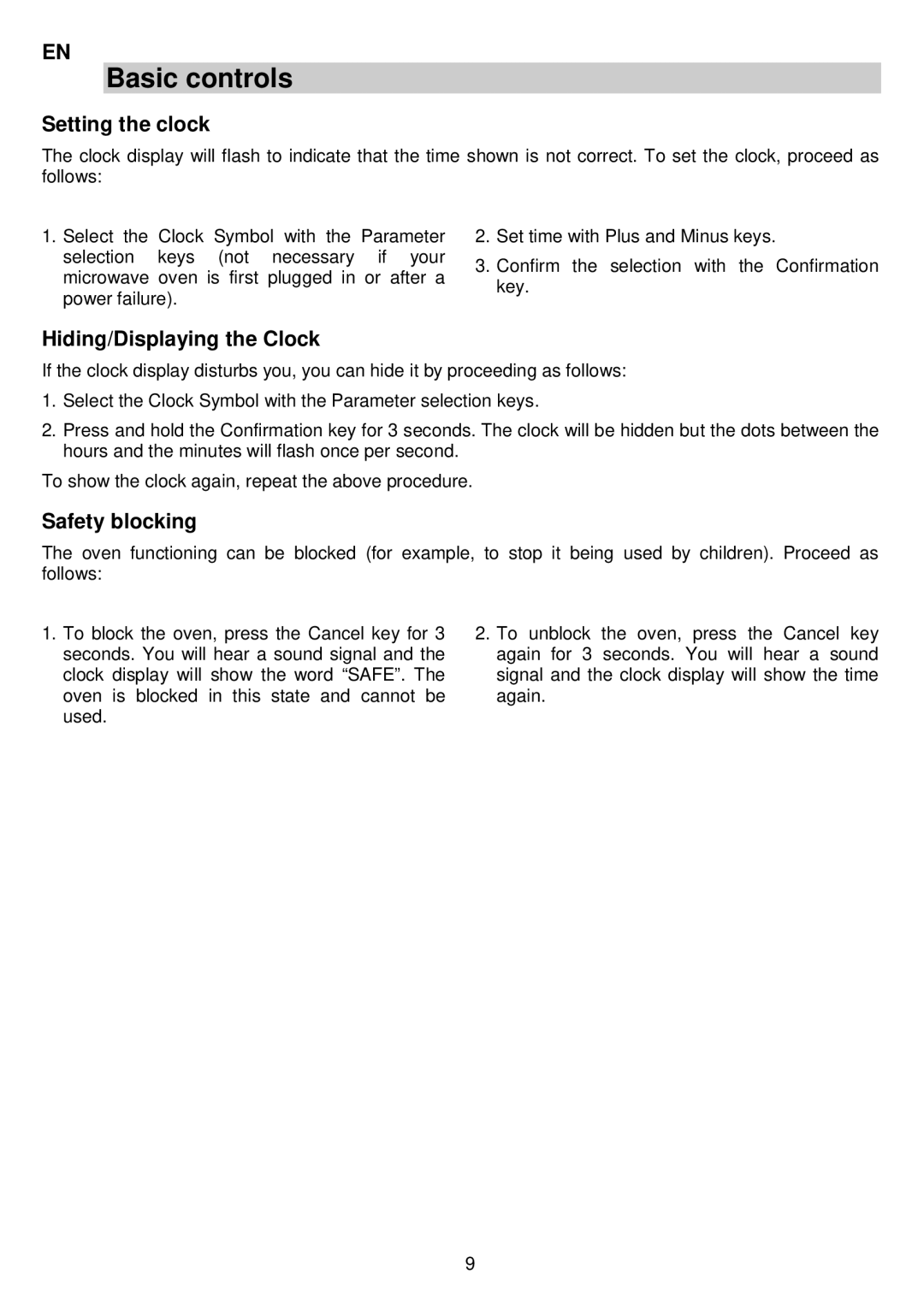 AEG MCC3880E-M user manual Basic controls, Setting the clock, Hiding/Displaying the Clock, Safety blocking 