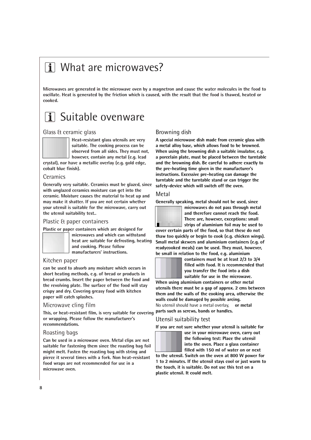 AEG MCD1761E, MCD1751E manual What are microwaves?, Suitable ovenware 