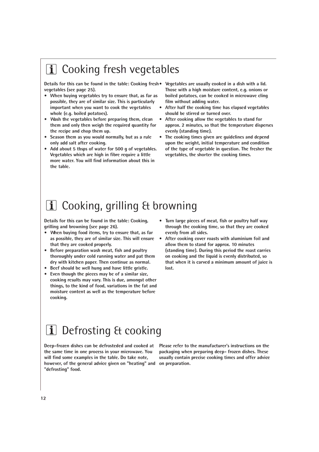 AEG MCD1761E, MCD1751E manual Cooking fresh vegetables, Cooking, grilling & browning, Defrosting & cooking 