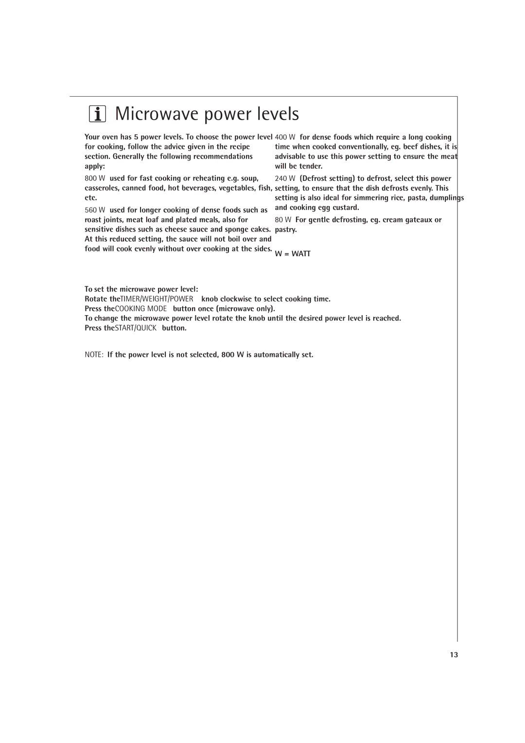 AEG MCD1751E, MCD1761E manual Microwave power levels, To set the microwave power level 