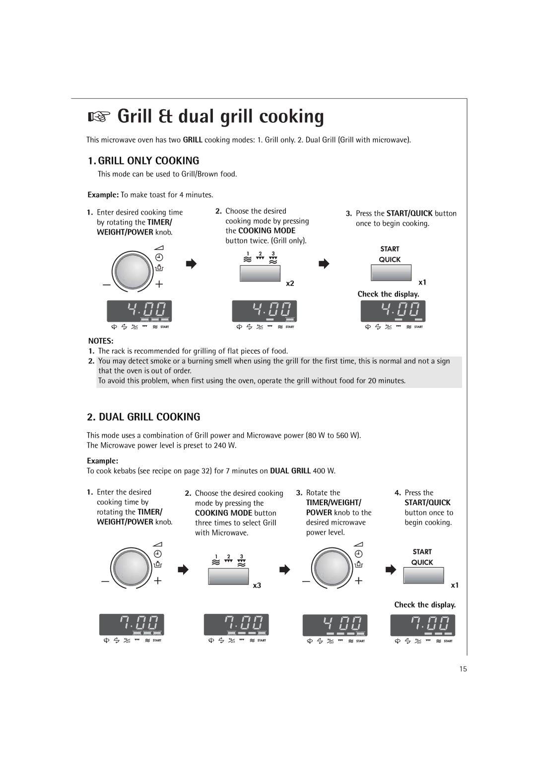 AEG MCD1751E, MCD1761E manual Grill & dual grill cooking, Grill only Cooking, Dual Grill Cooking, Cooking Mode, Example 